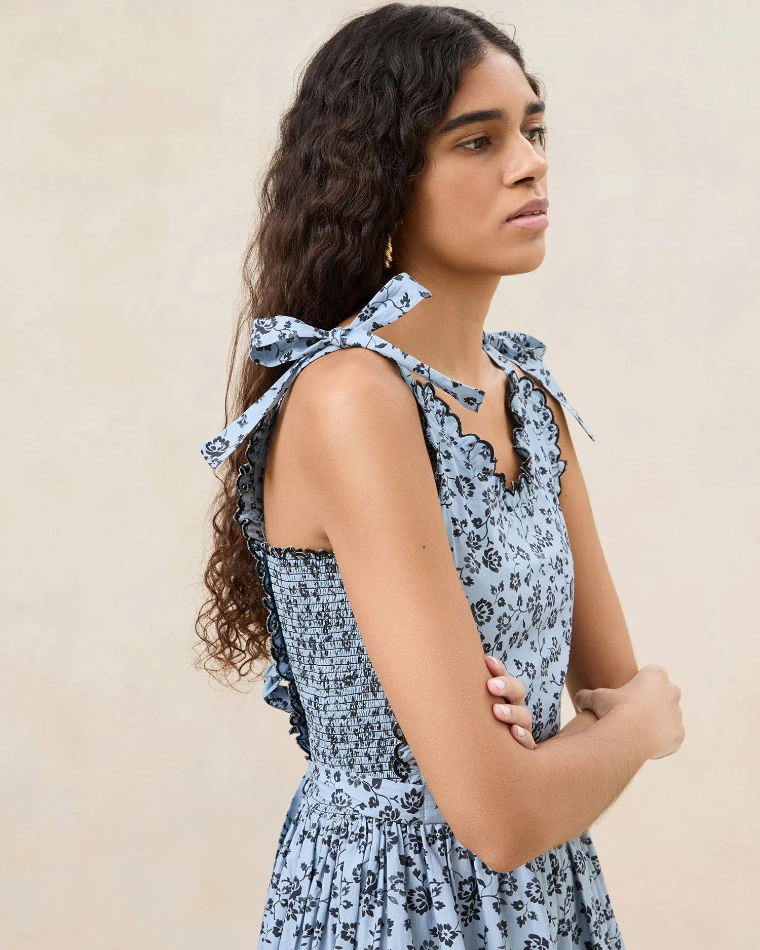 Bruna Blue/Black Floral Apron Dress
