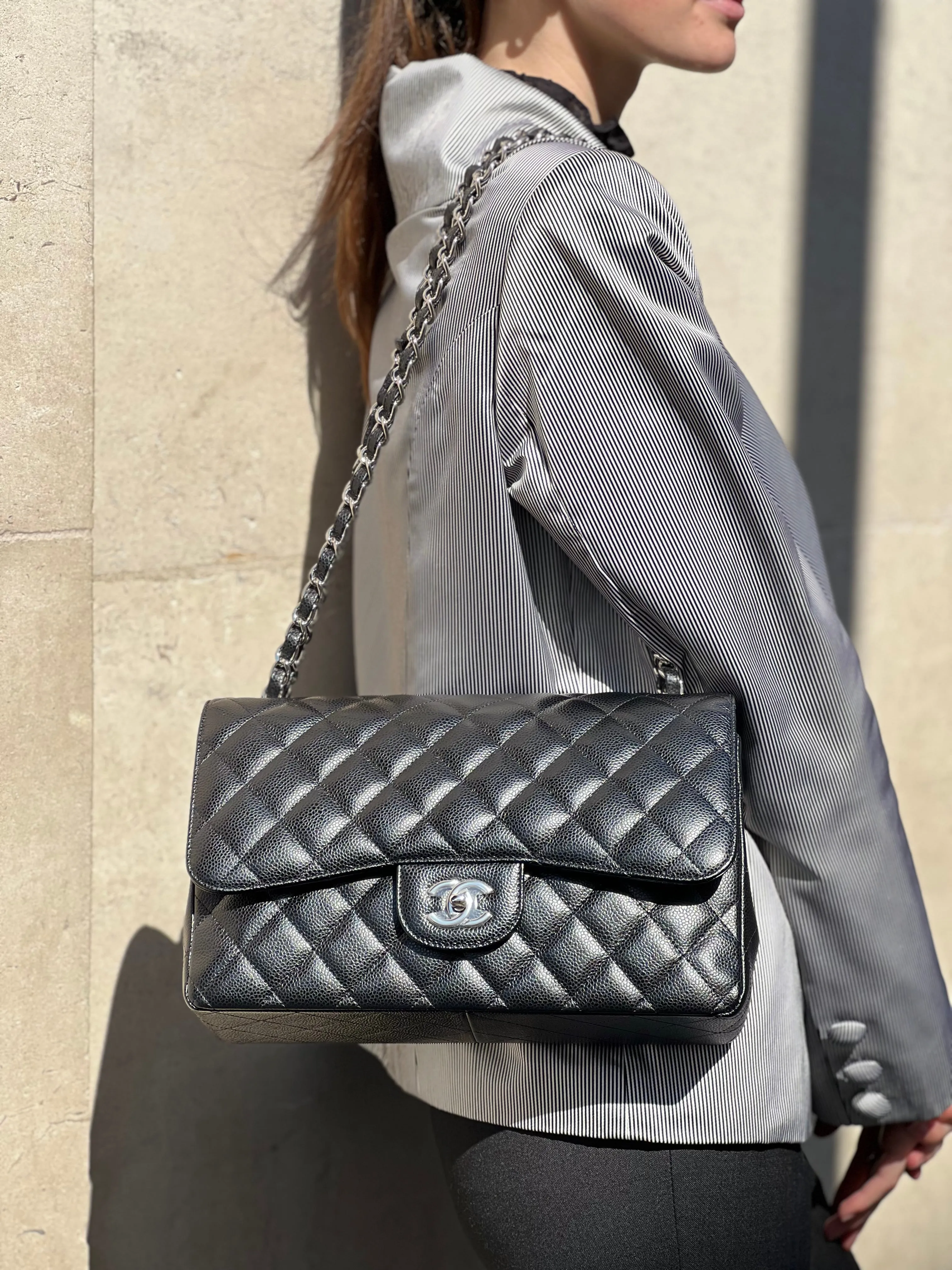 Chanel Black Caviar Leather Jumbo Double Flap