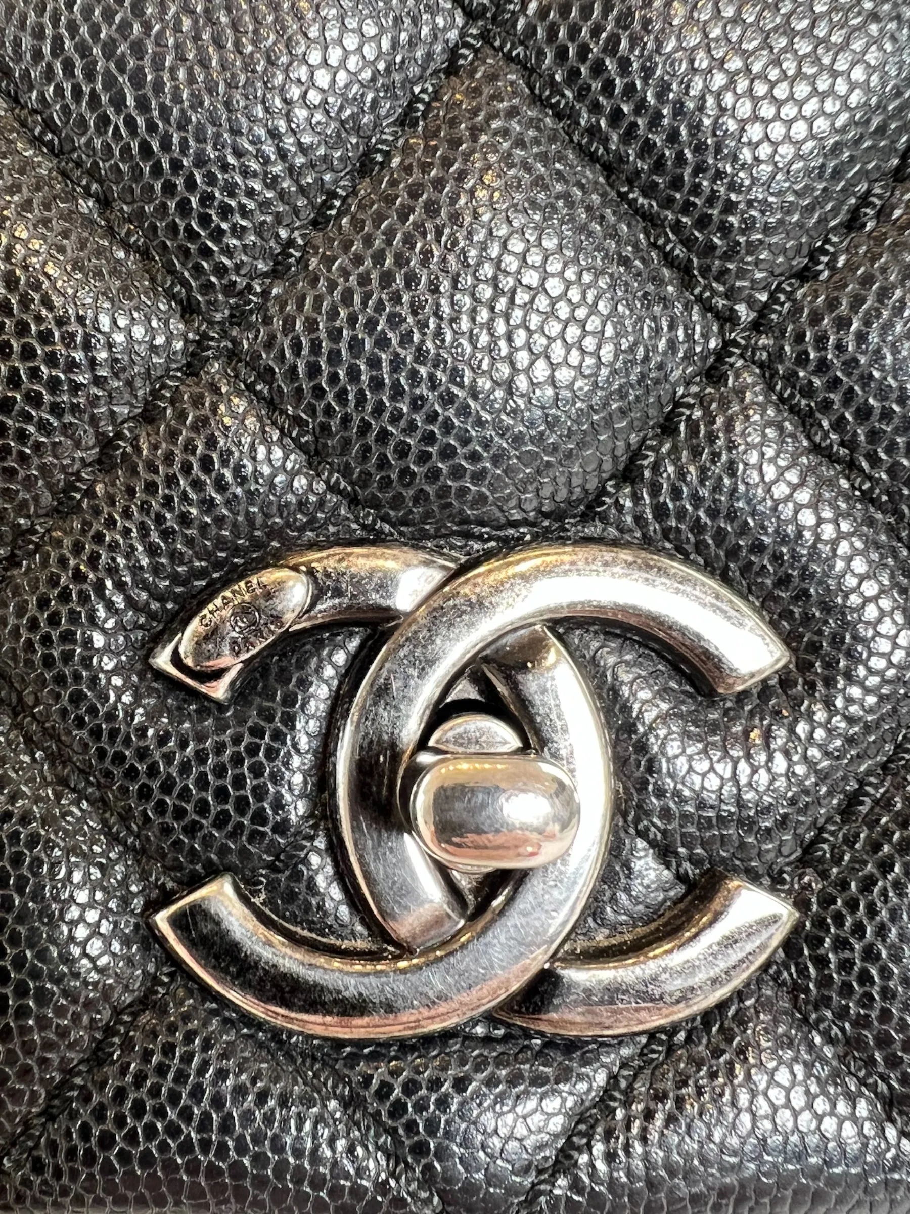 Chanel Black Caviar Quilted  Leather Coco Top  Handle Handbag