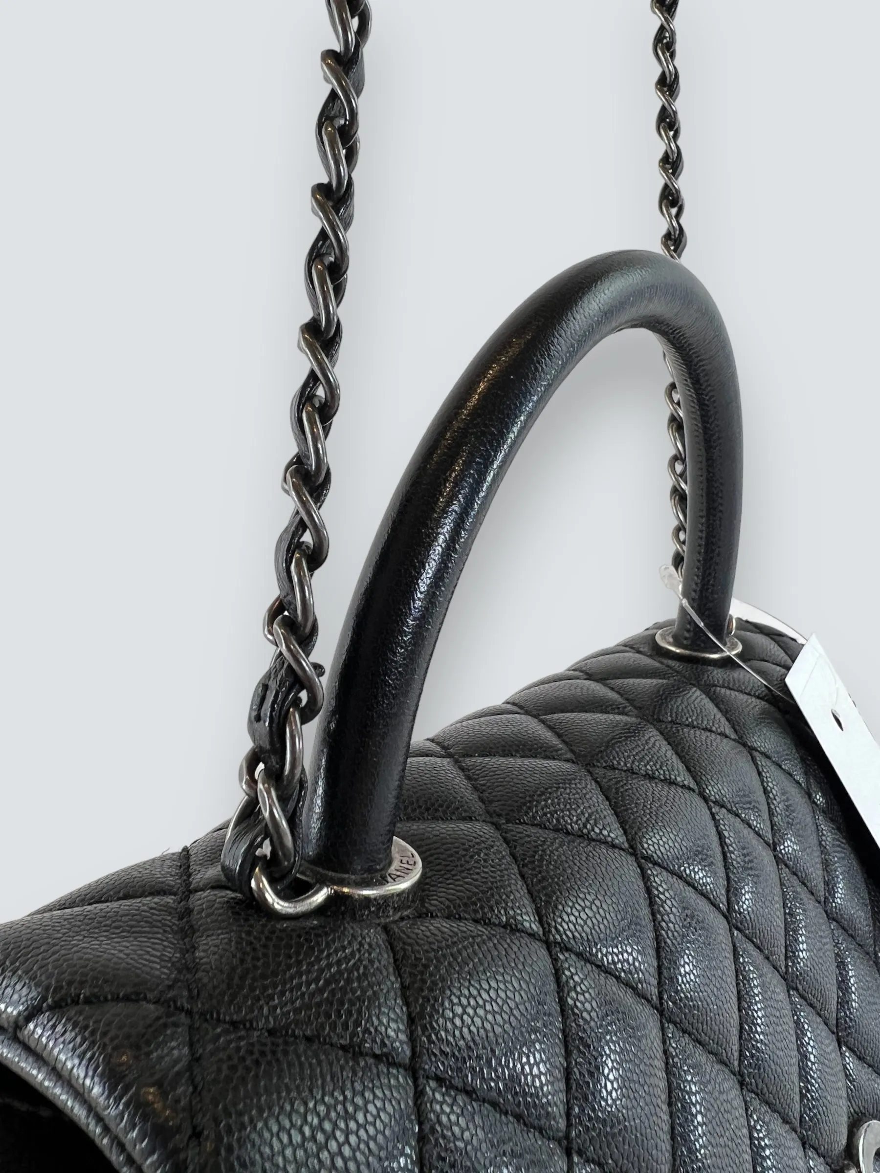 Chanel Black Caviar Quilted  Leather Coco Top  Handle Handbag