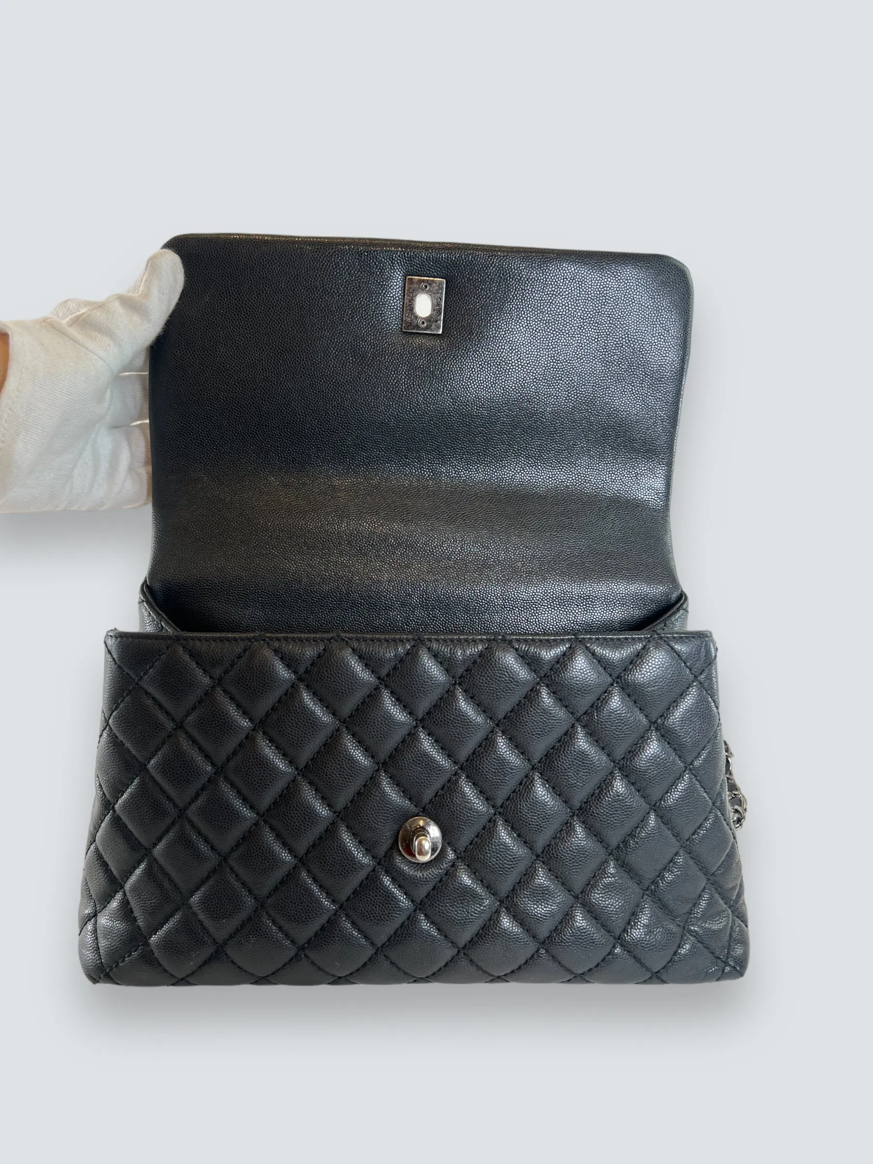 Chanel Black Caviar Quilted  Leather Coco Top  Handle Handbag