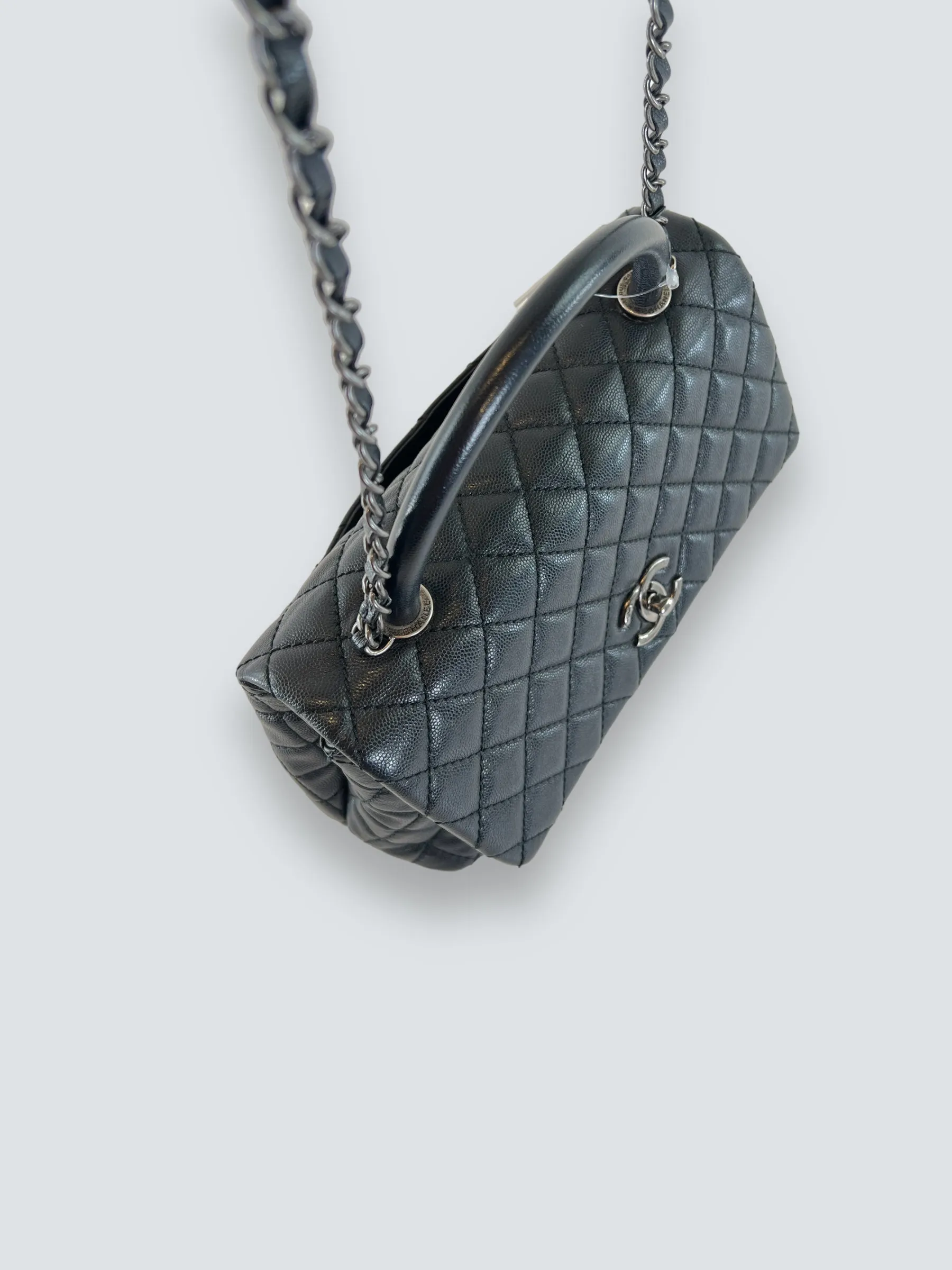 Chanel Black Caviar Quilted  Leather Coco Top  Handle Handbag