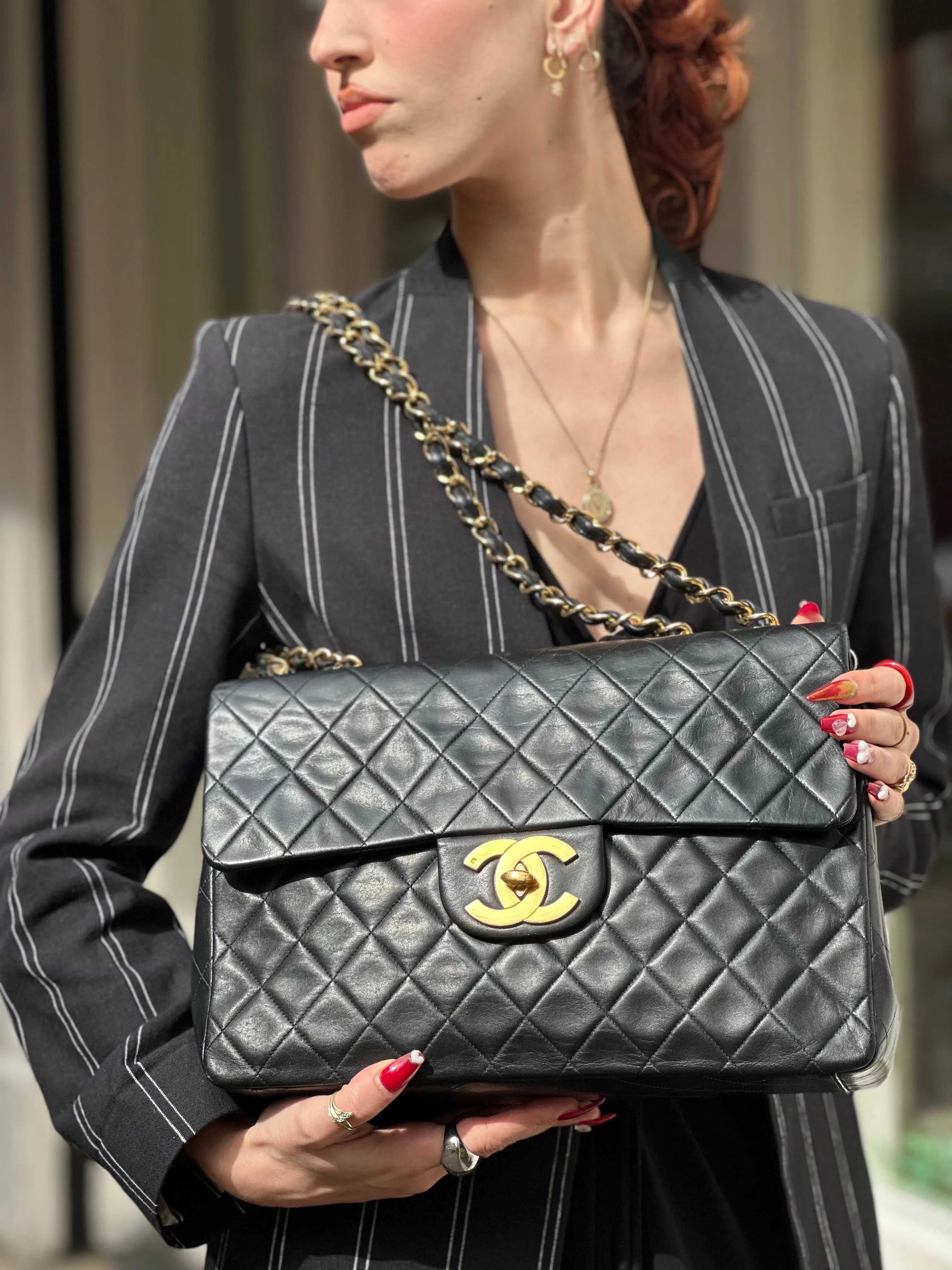 Chanel Black Lambskin Leather Maxi Shoulder Bag