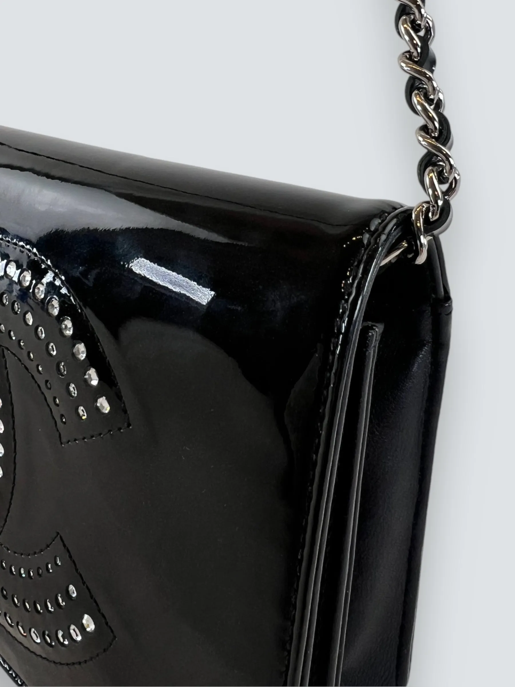 Chanel Black Patent Leather Wallet on Chain with Diamonte CC