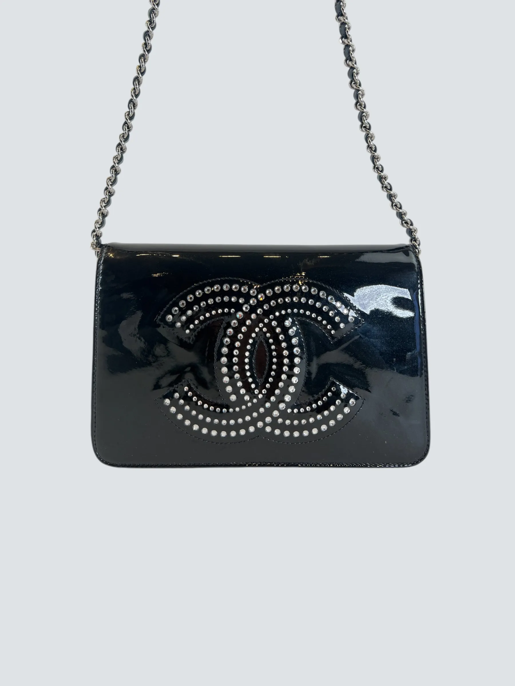 Chanel Black Patent Leather Wallet on Chain with Diamonte CC