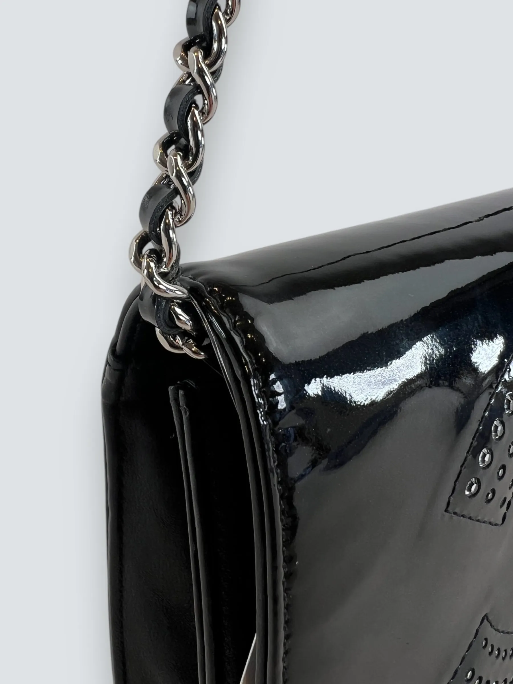 Chanel Black Patent Leather Wallet on Chain with Diamonte CC