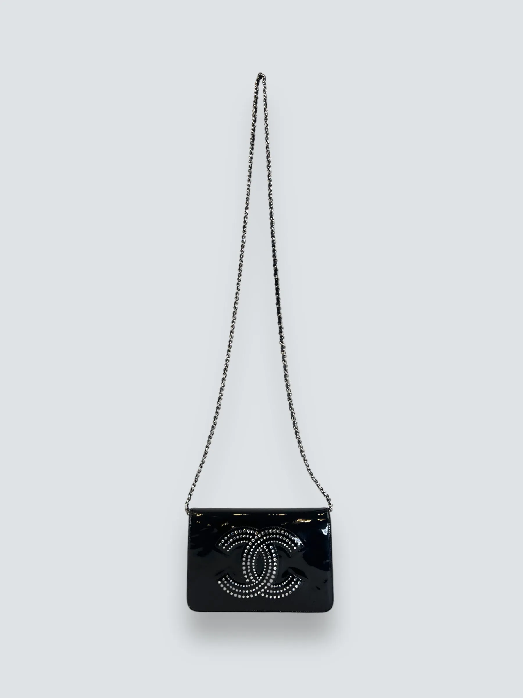 Chanel Black Patent Leather Wallet on Chain with Diamonte CC