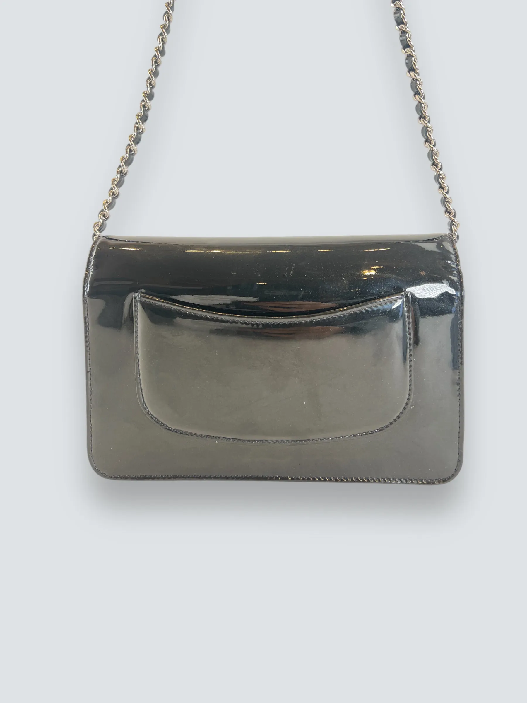 Chanel Black Patent Leather Wallet on Chain with Diamonte CC