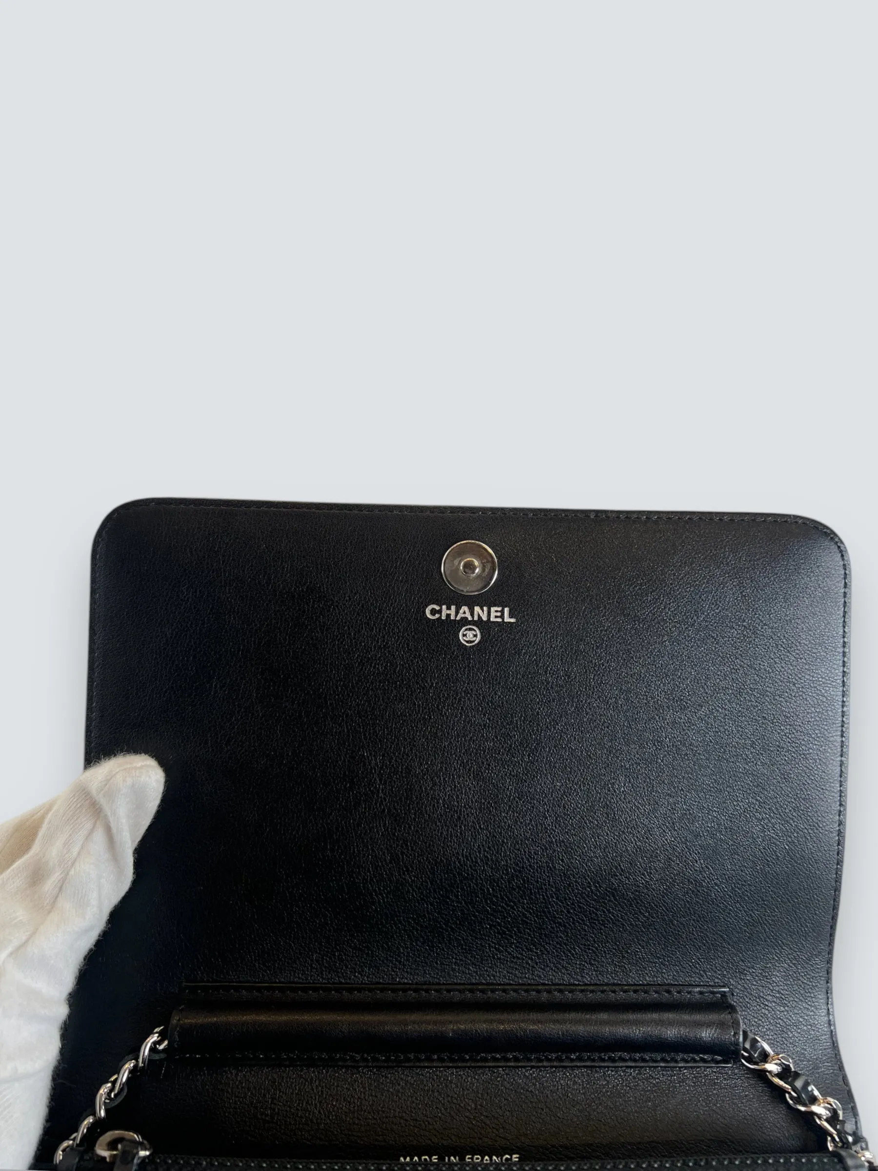 Chanel Black Patent Leather Wallet on Chain with Diamonte CC