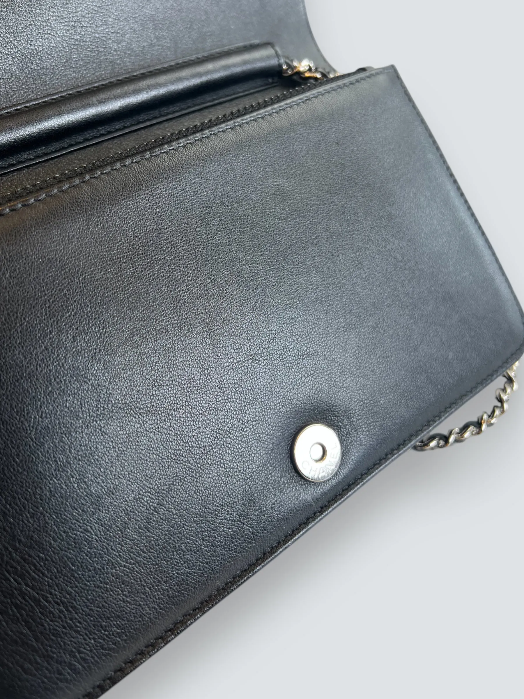 Chanel Black Patent Leather Wallet on Chain with Diamonte CC