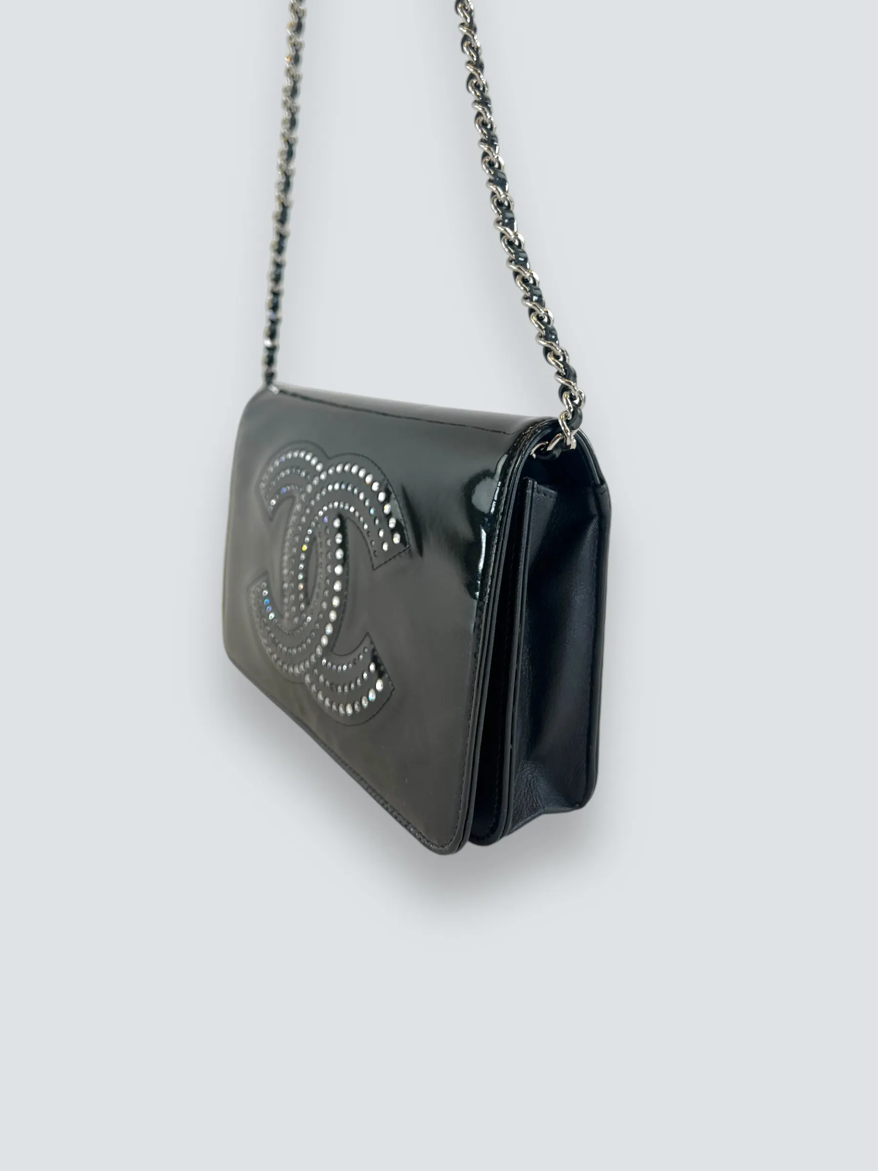 Chanel Black Patent Leather Wallet on Chain with Diamonte CC