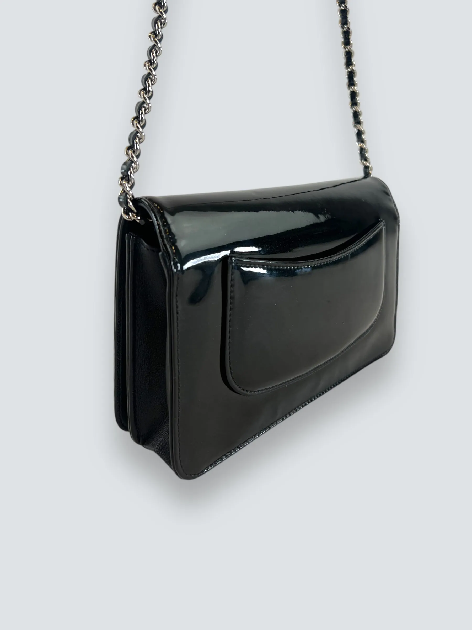 Chanel Black Patent Leather Wallet on Chain with Diamonte CC
