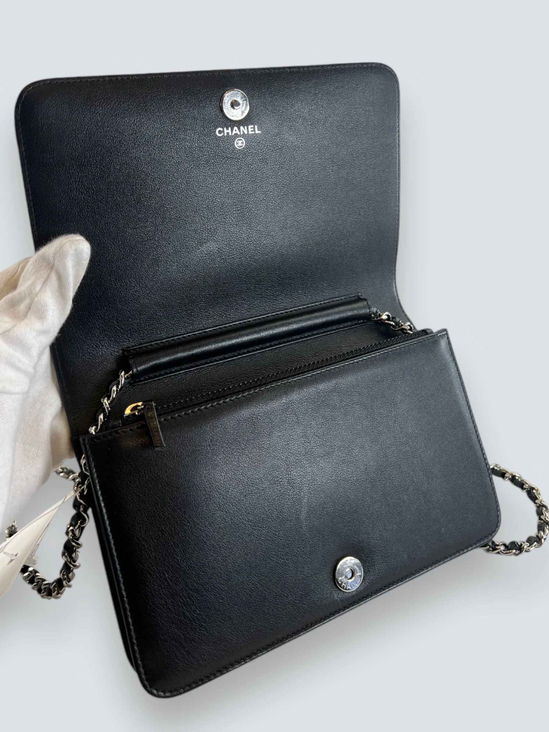 Chanel Black Patent Leather Wallet on Chain with Diamonte CC