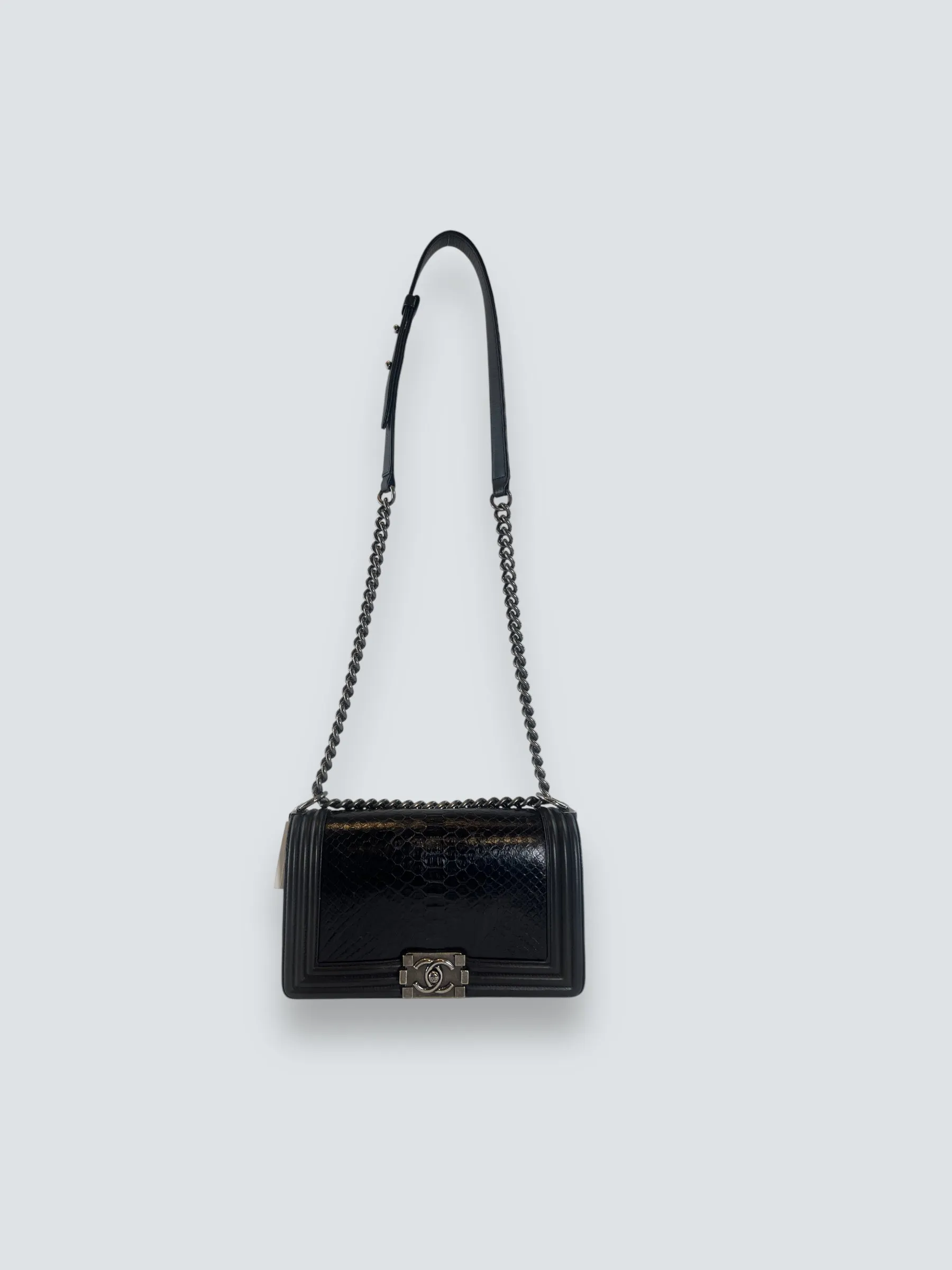 Chanel Black Python and Calfskin Leather Medium Boy Bag