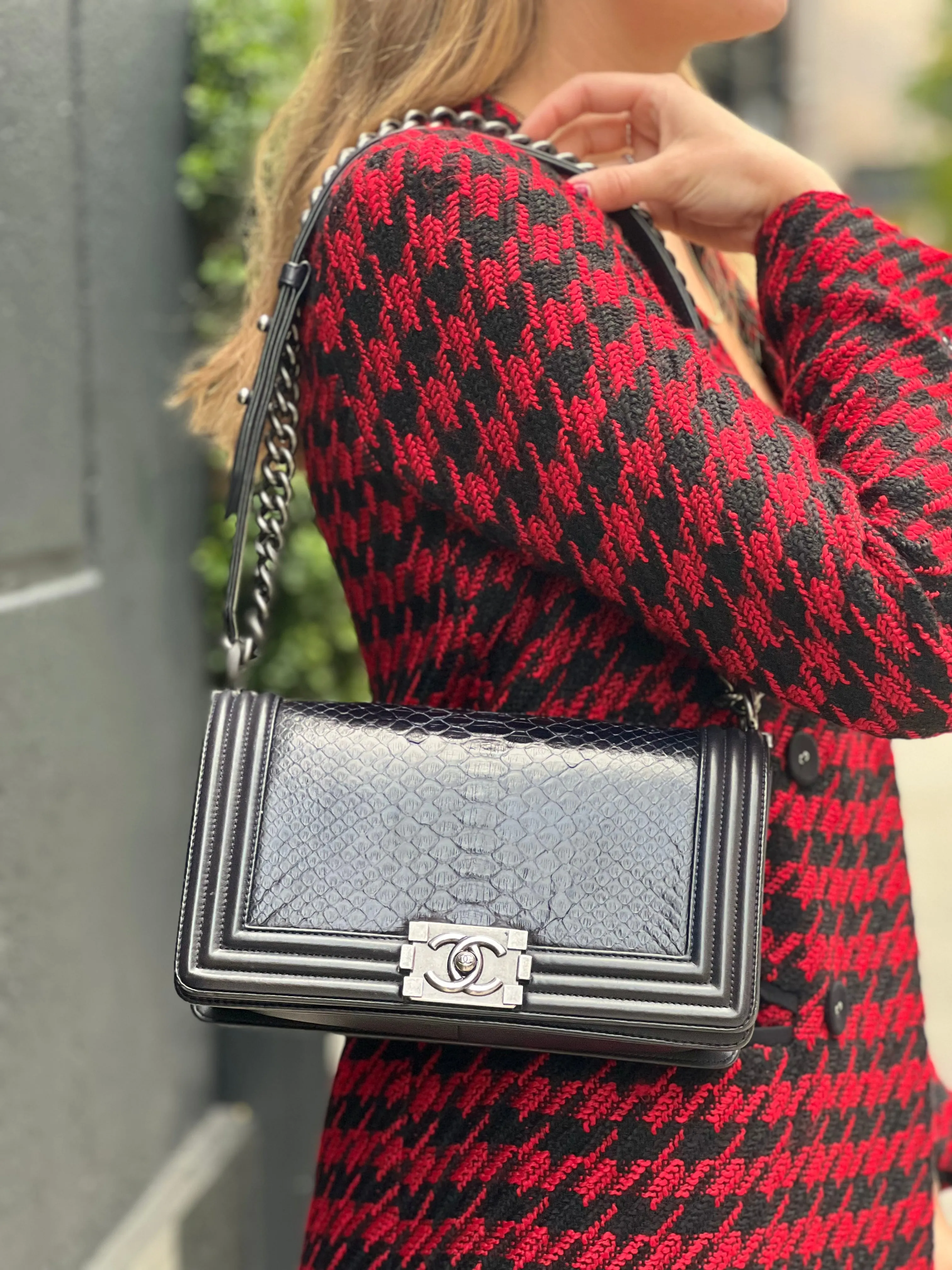 Chanel Black Python and Calfskin Leather Medium Boy Bag