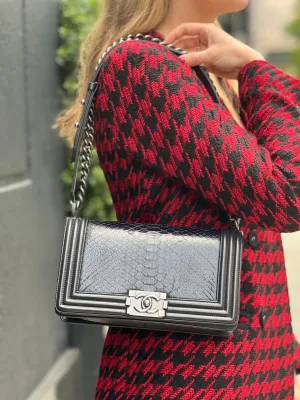 Chanel Black Python and Calfskin Leather Medium Boy Bag