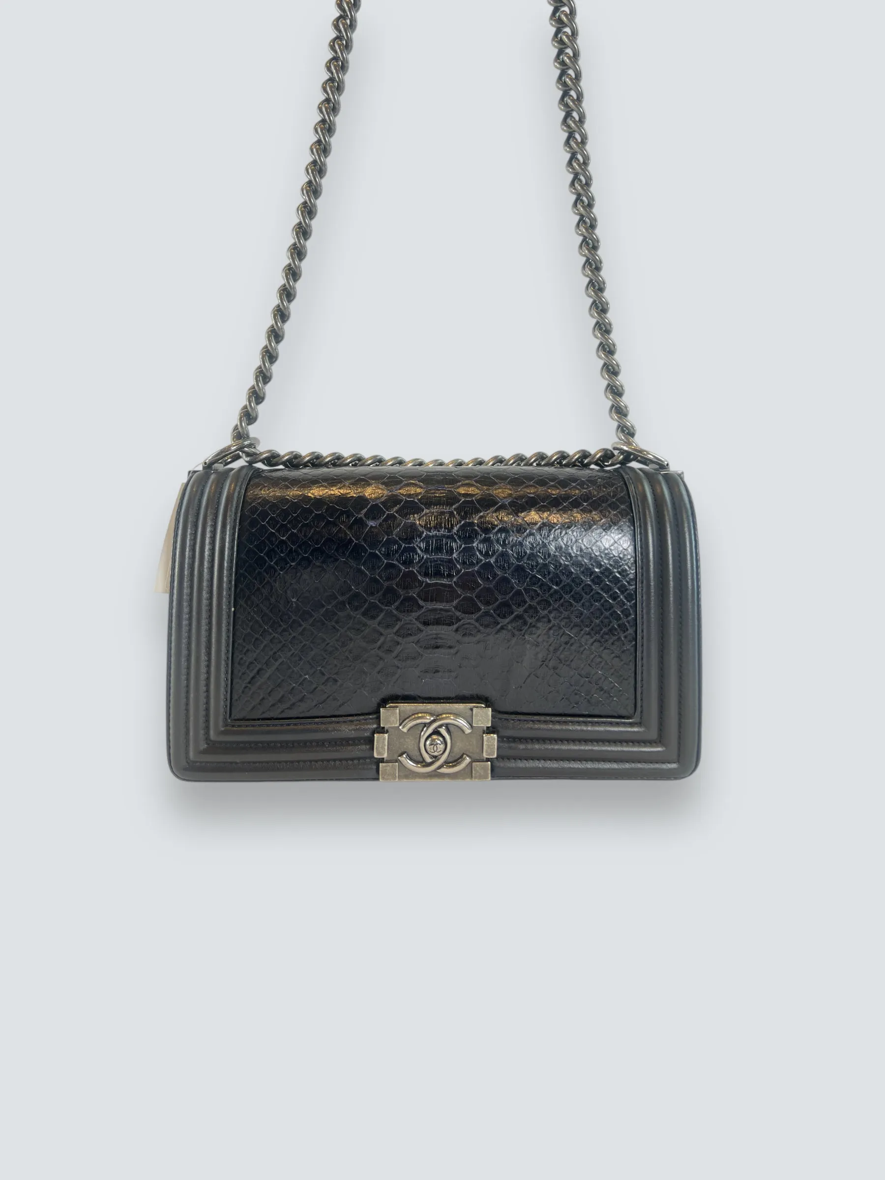 Chanel Black Python and Calfskin Leather Medium Boy Bag