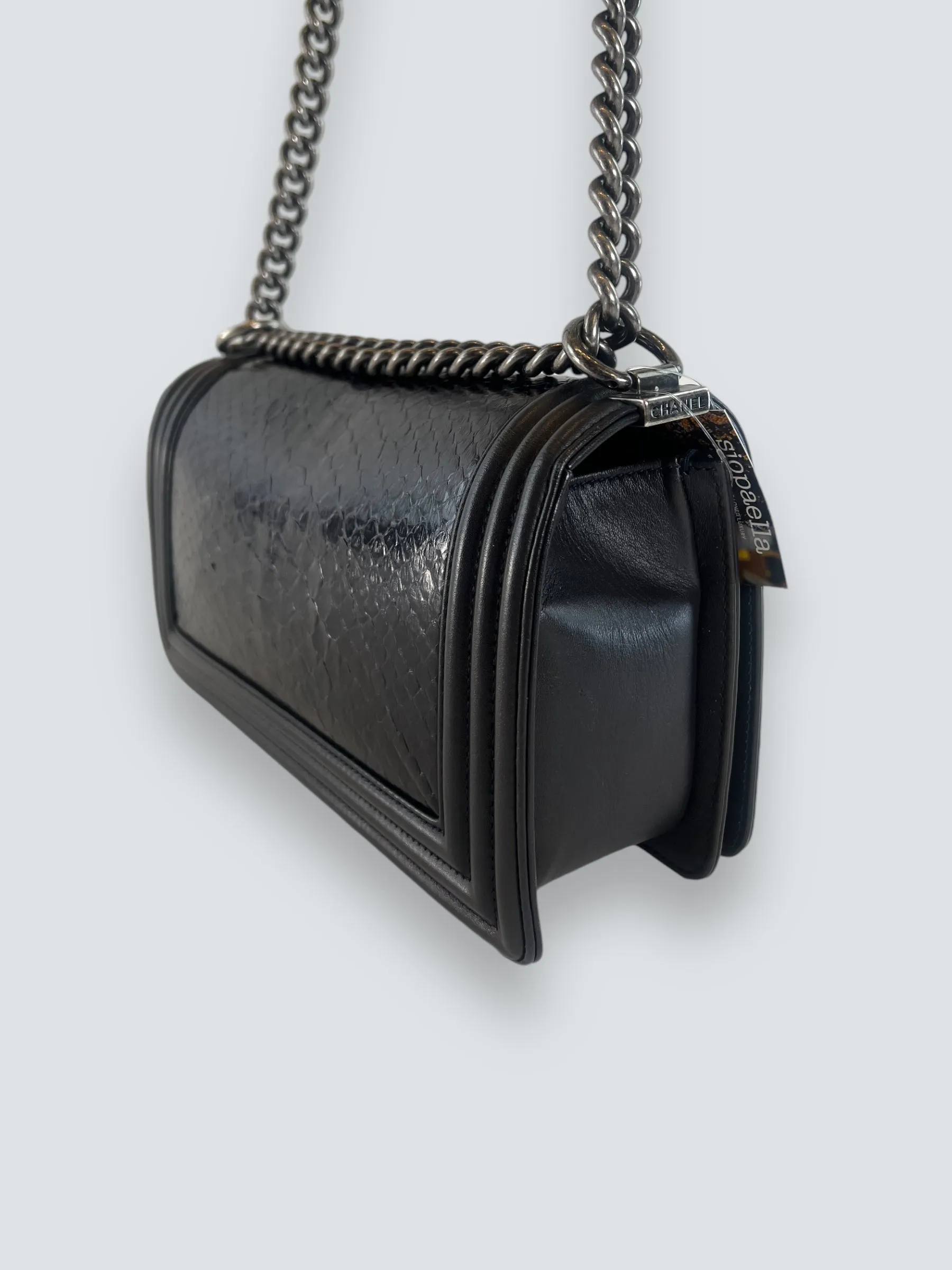 Chanel Black Python and Calfskin Leather Medium Boy Bag