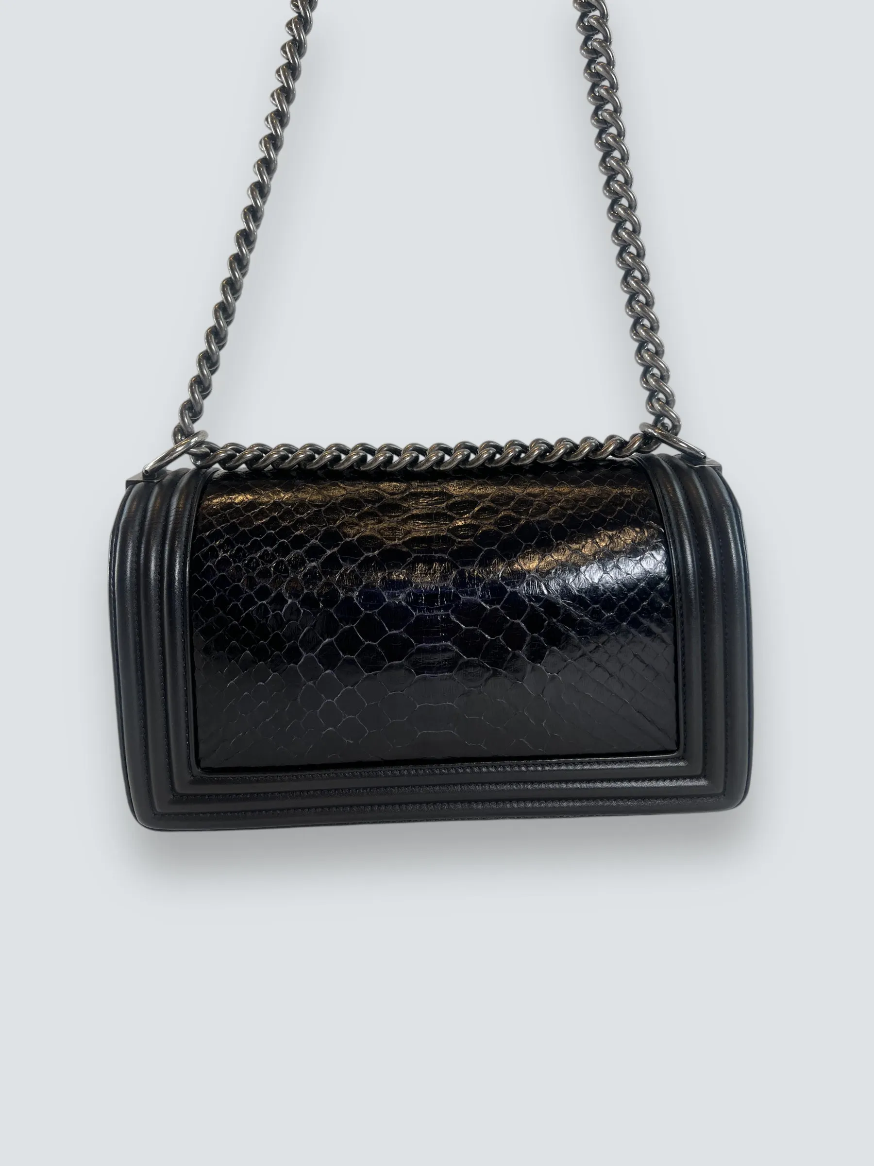 Chanel Black Python and Calfskin Leather Medium Boy Bag