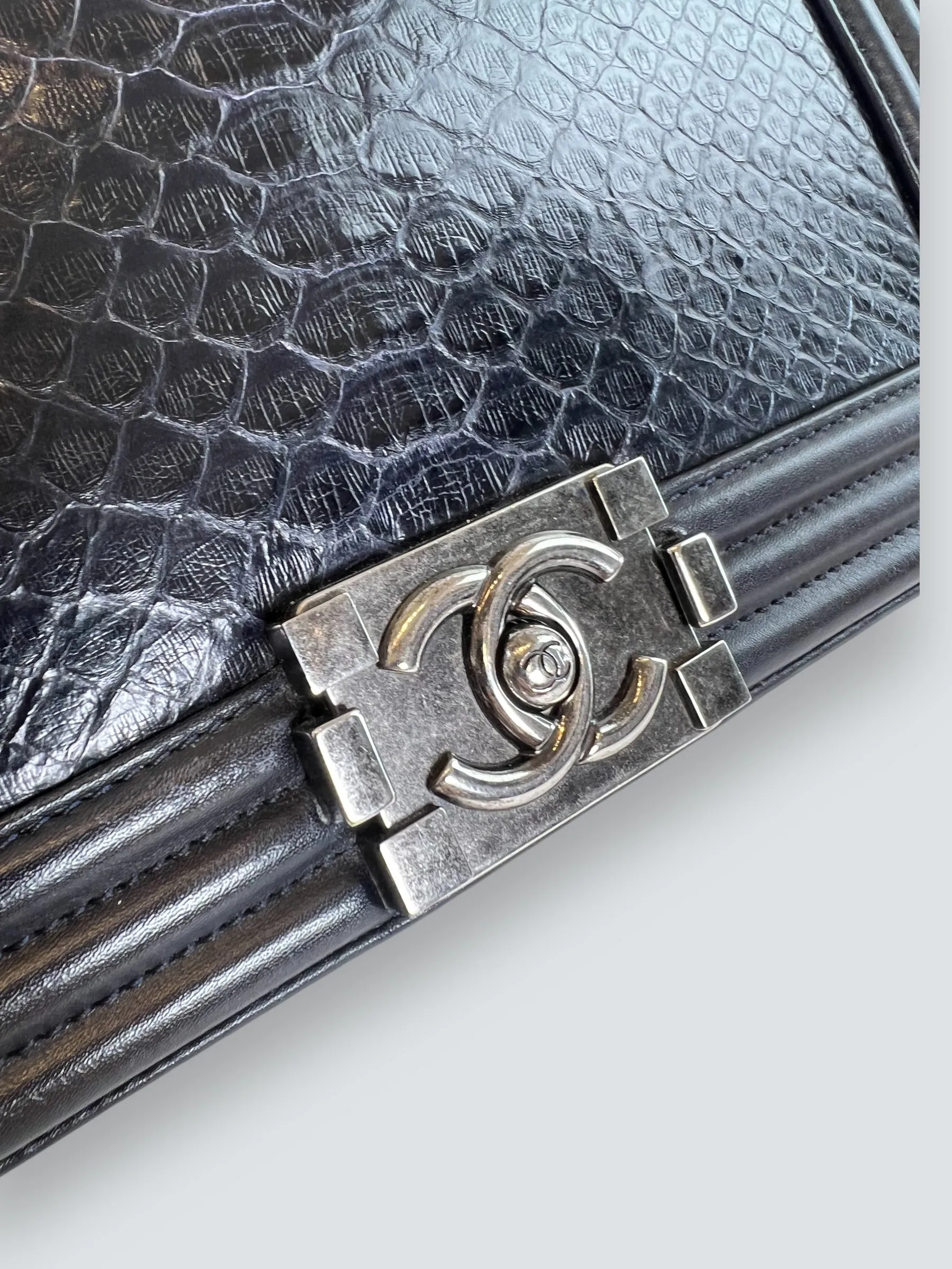 Chanel Black Python and Calfskin Leather Medium Boy Bag