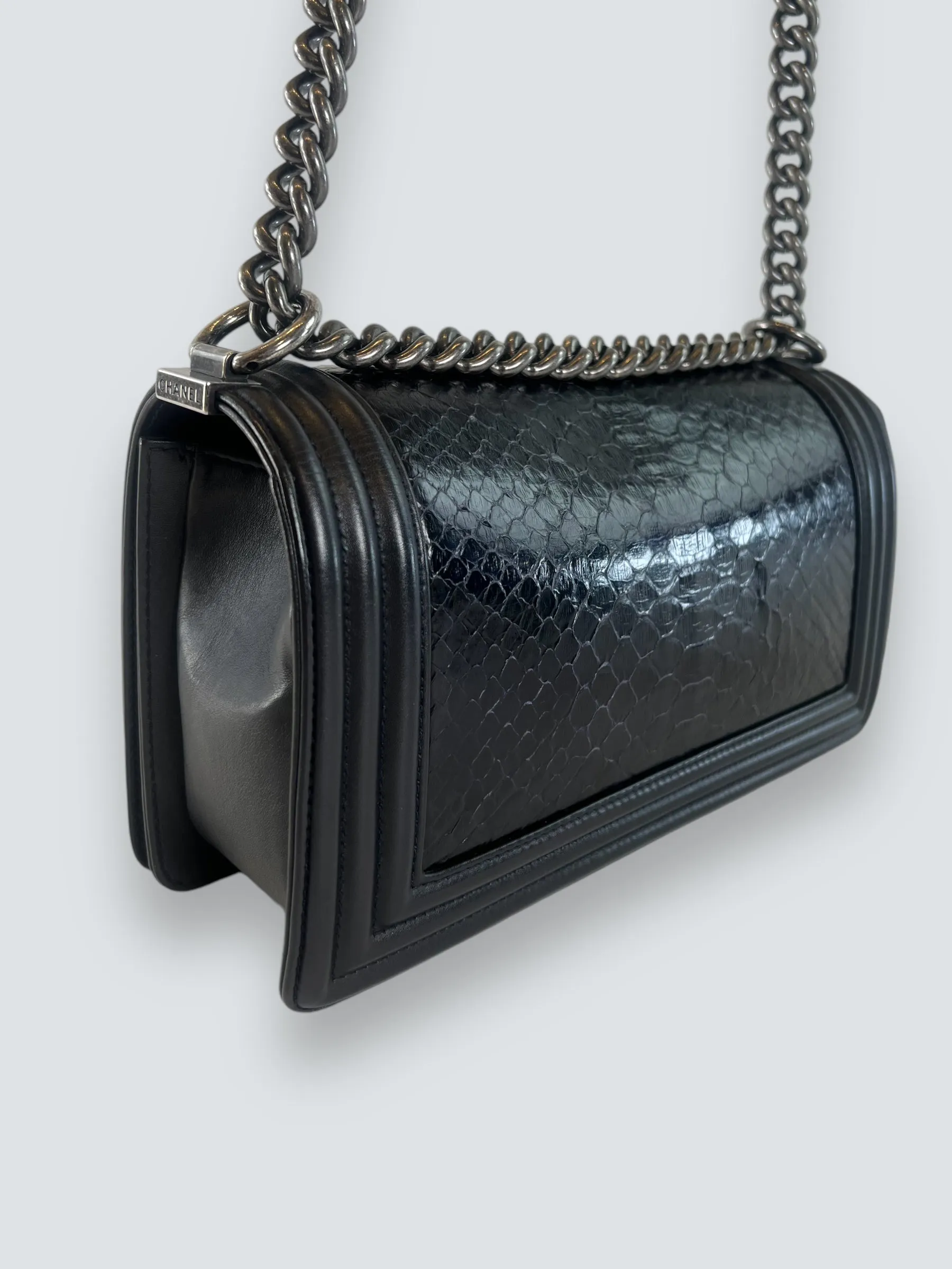 Chanel Black Python and Calfskin Leather Medium Boy Bag