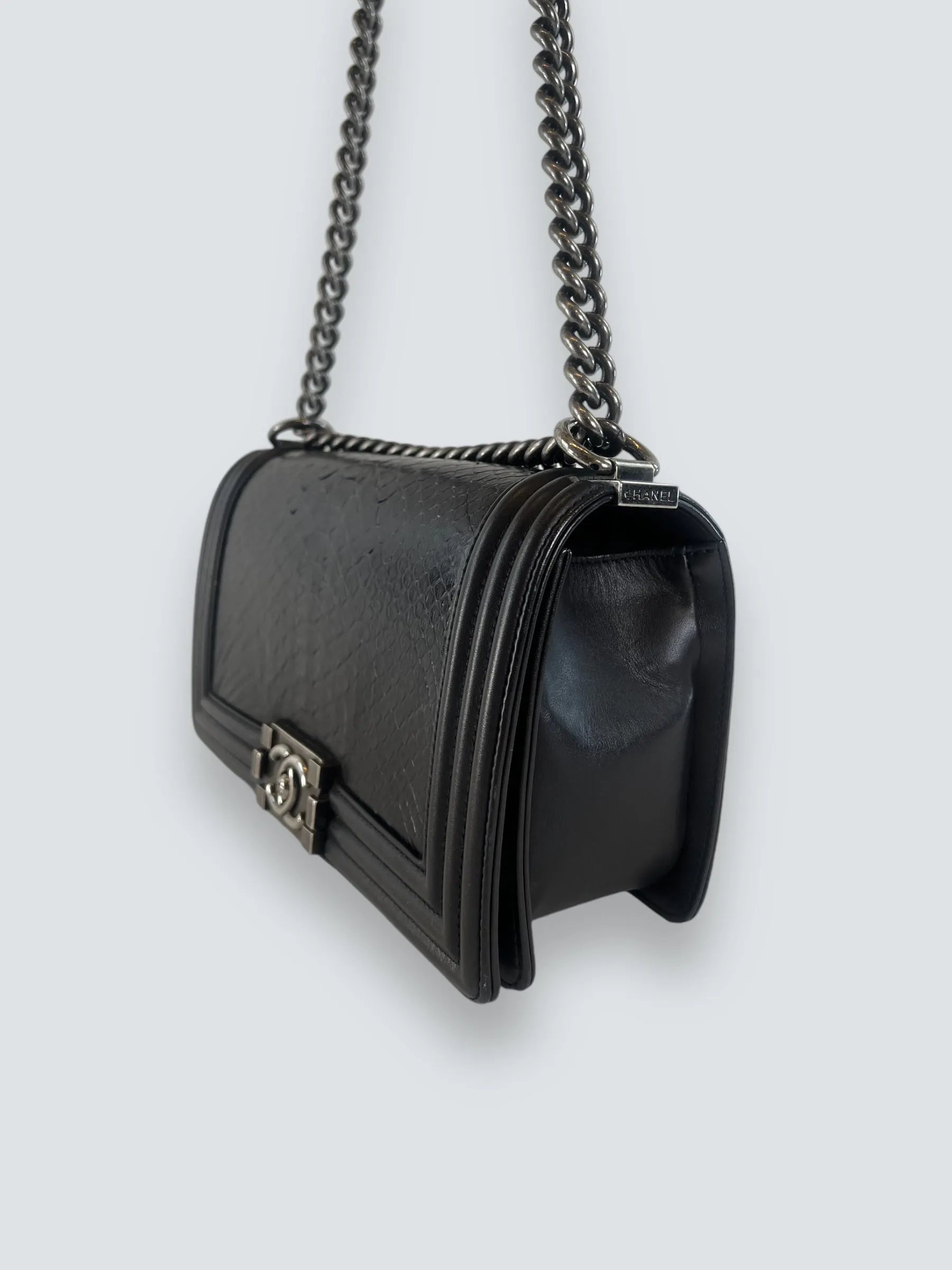 Chanel Black Python and Calfskin Leather Medium Boy Bag