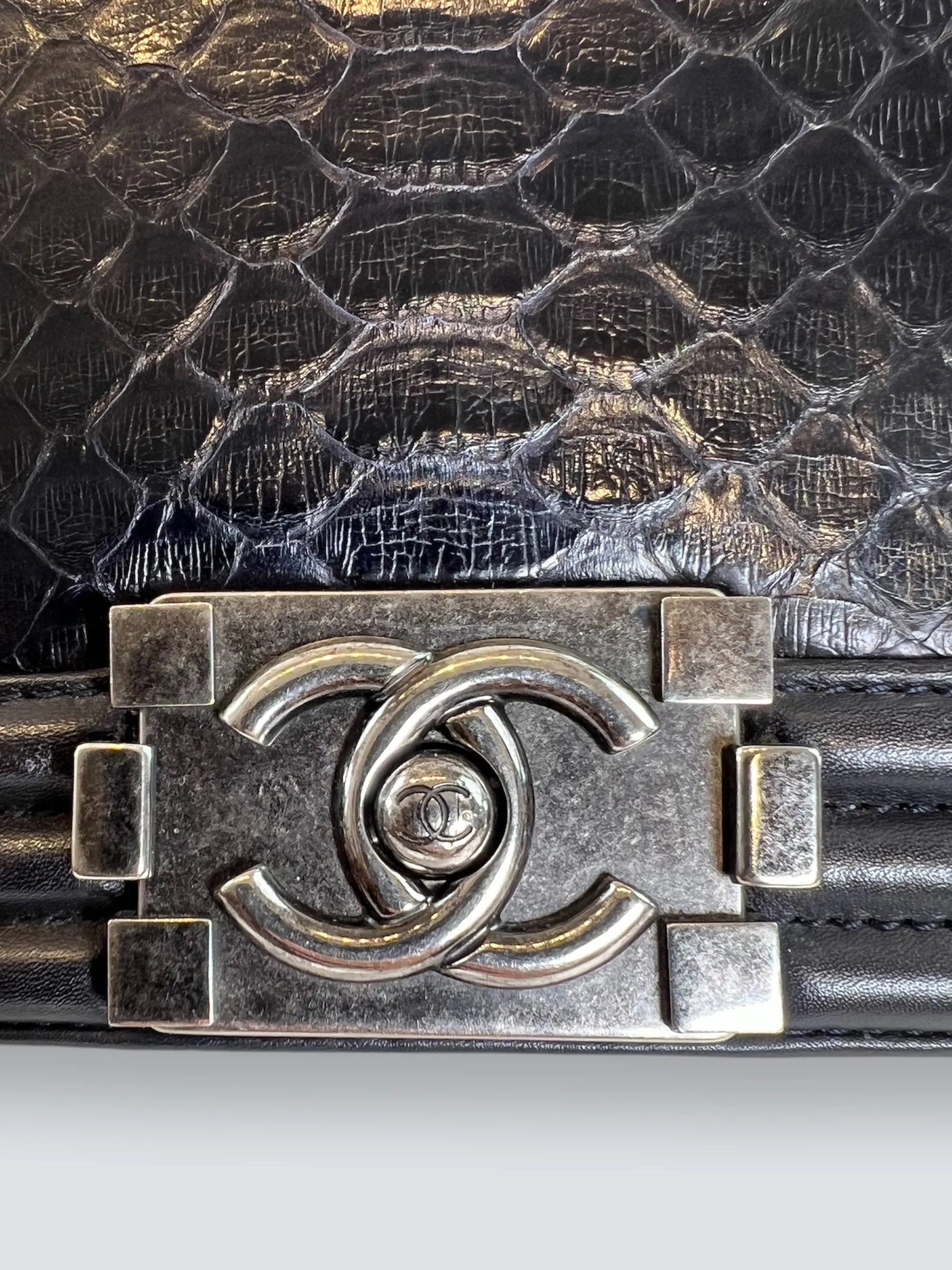 Chanel Black Python and Calfskin Leather Medium Boy Bag