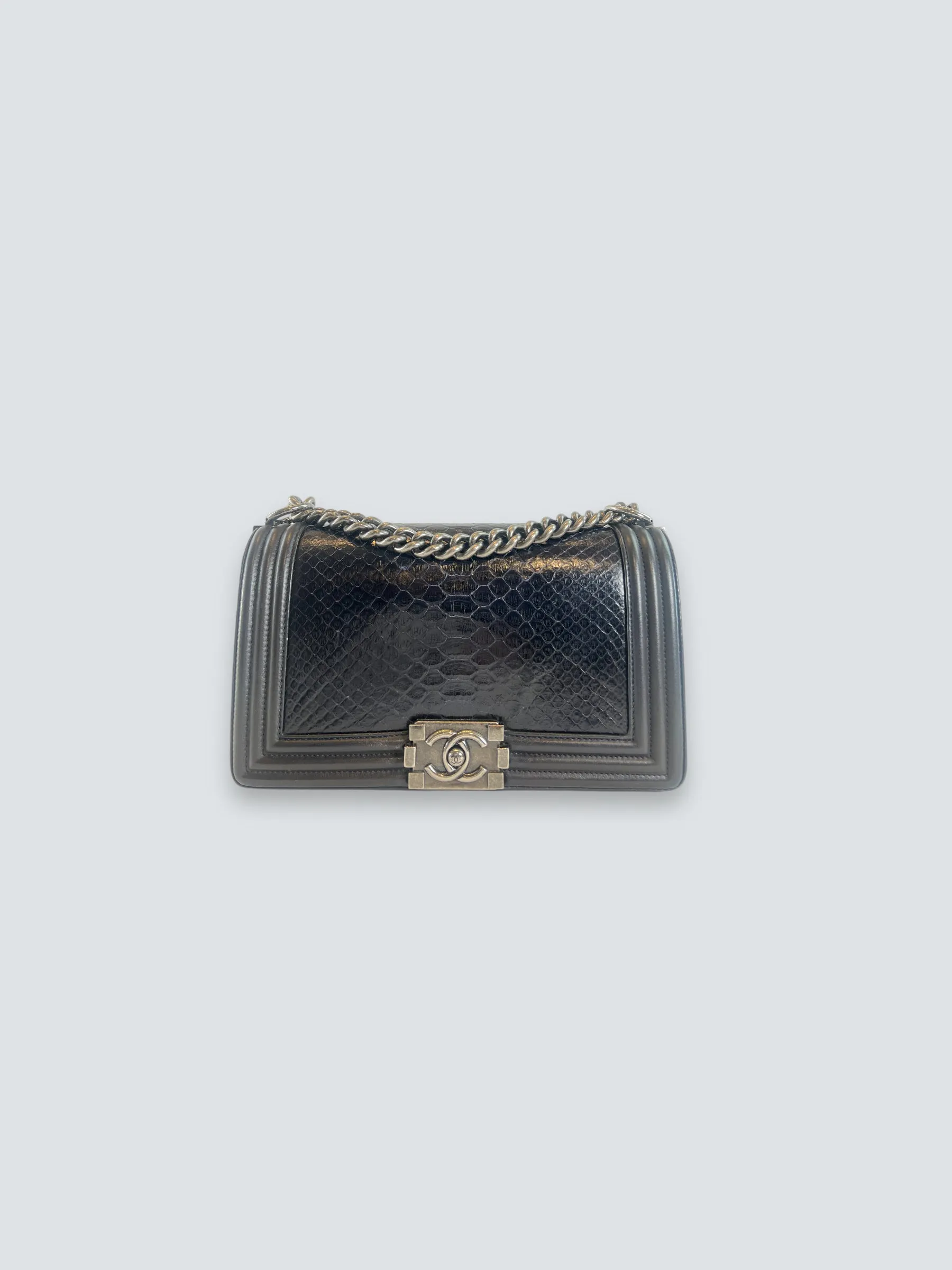 Chanel Black Python and Calfskin Leather Medium Boy Bag