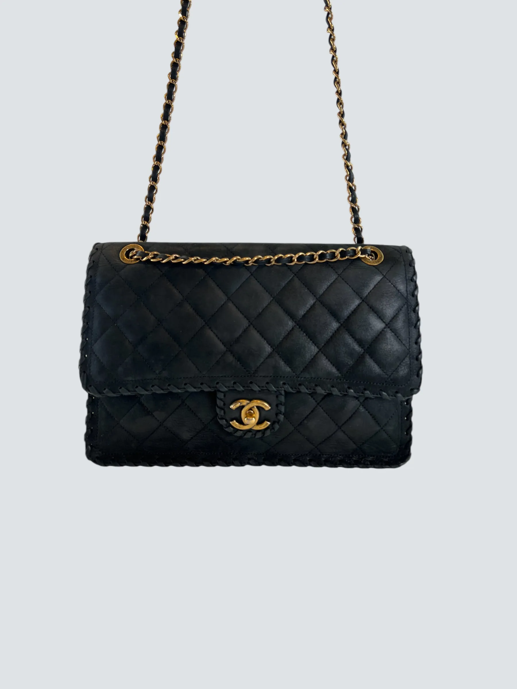 Chanel Black Stitched Leather Single Flap