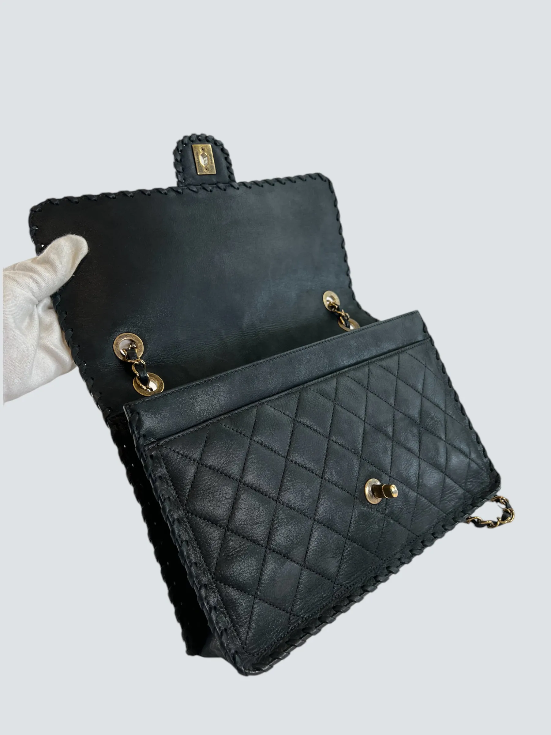 Chanel Black Stitched Leather Single Flap