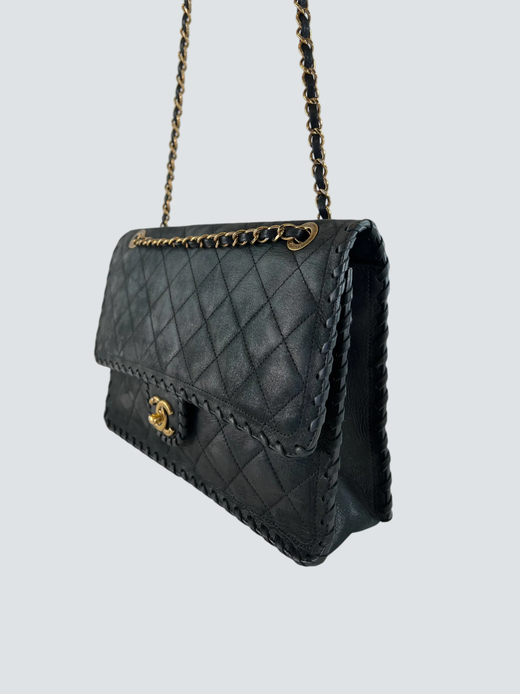 Chanel Black Stitched Leather Single Flap