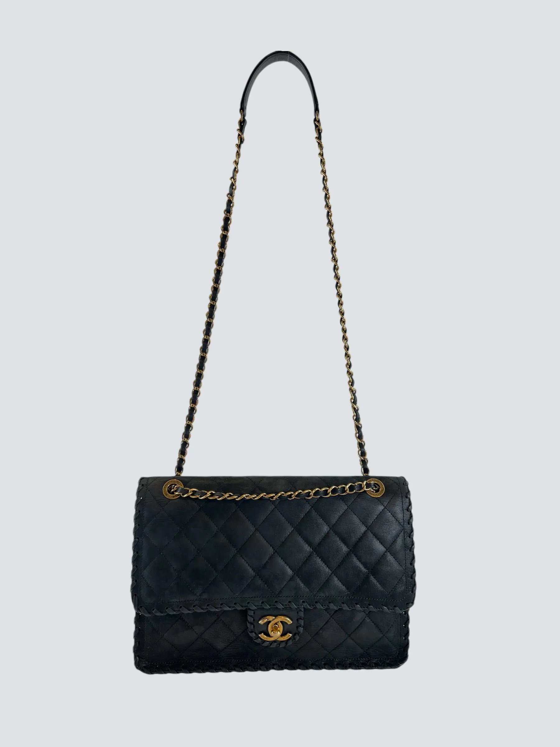 Chanel Black Stitched Leather Single Flap