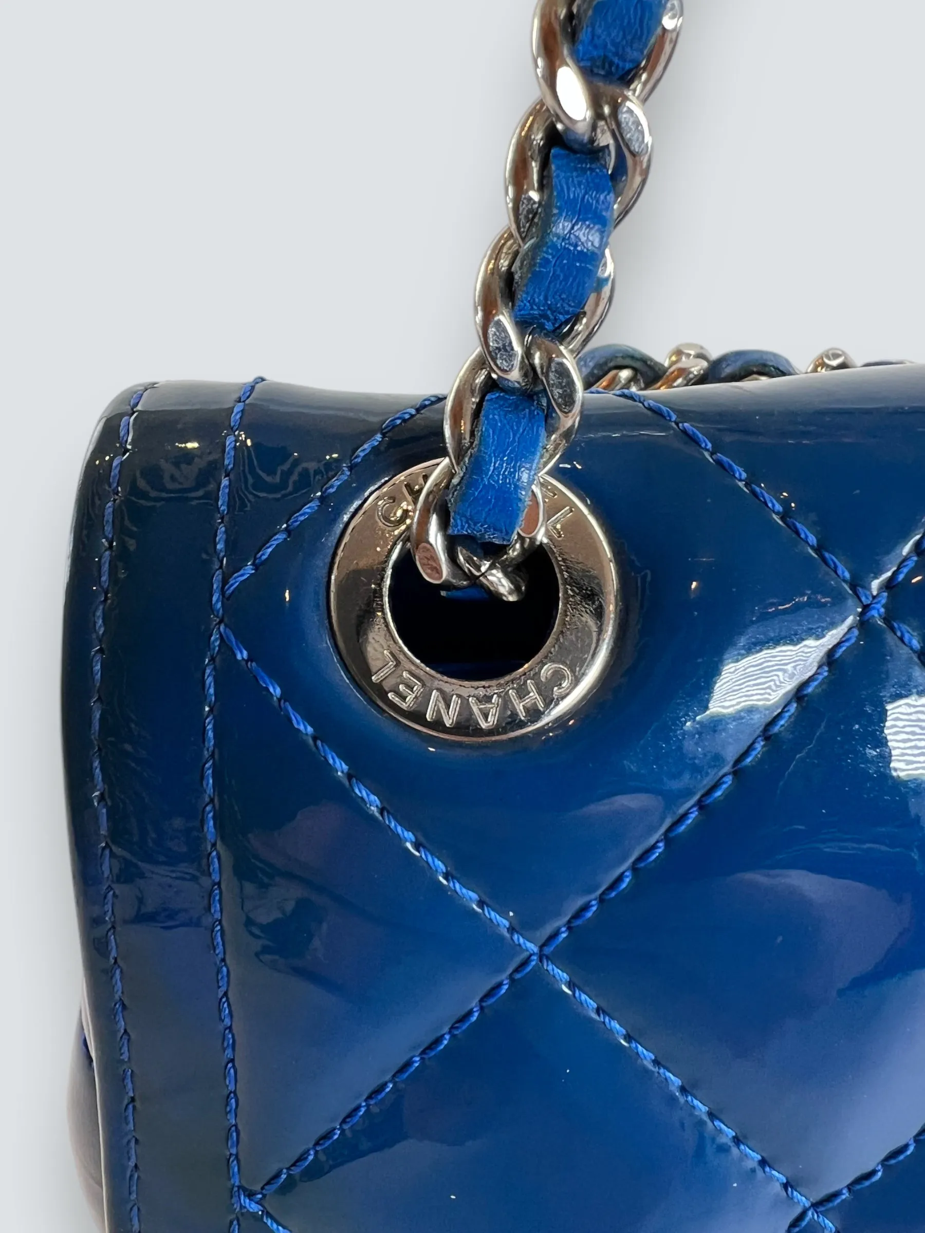 Chanel Blue Matelasse Patent Leather Mini Rectangular Single Flap