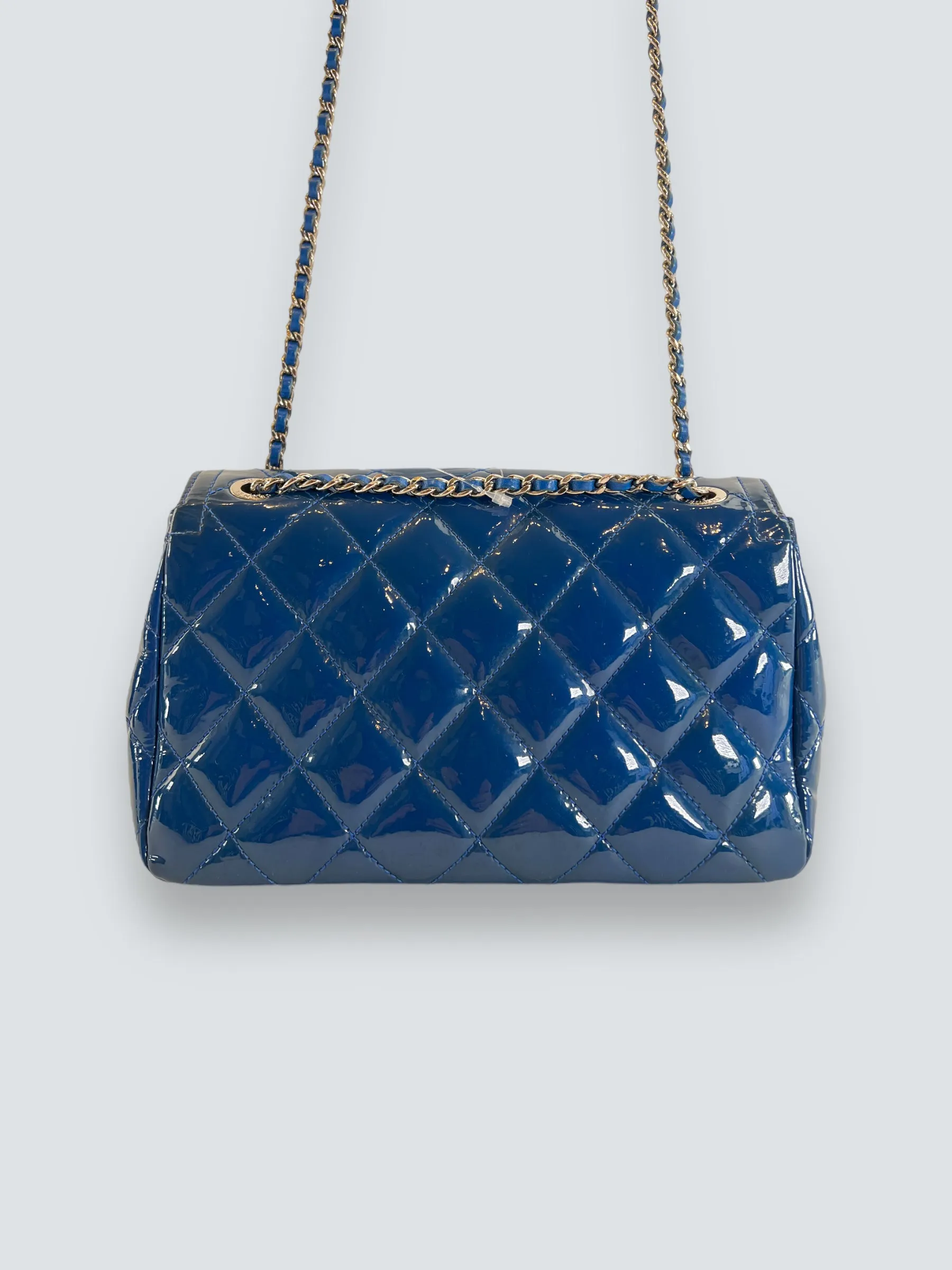 Chanel Blue Matelasse Patent Leather Mini Rectangular Single Flap