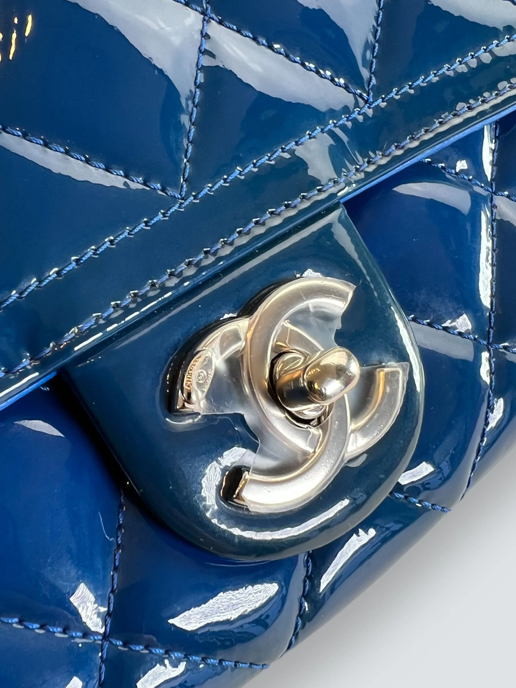 Chanel Blue Matelasse Patent Leather Mini Rectangular Single Flap