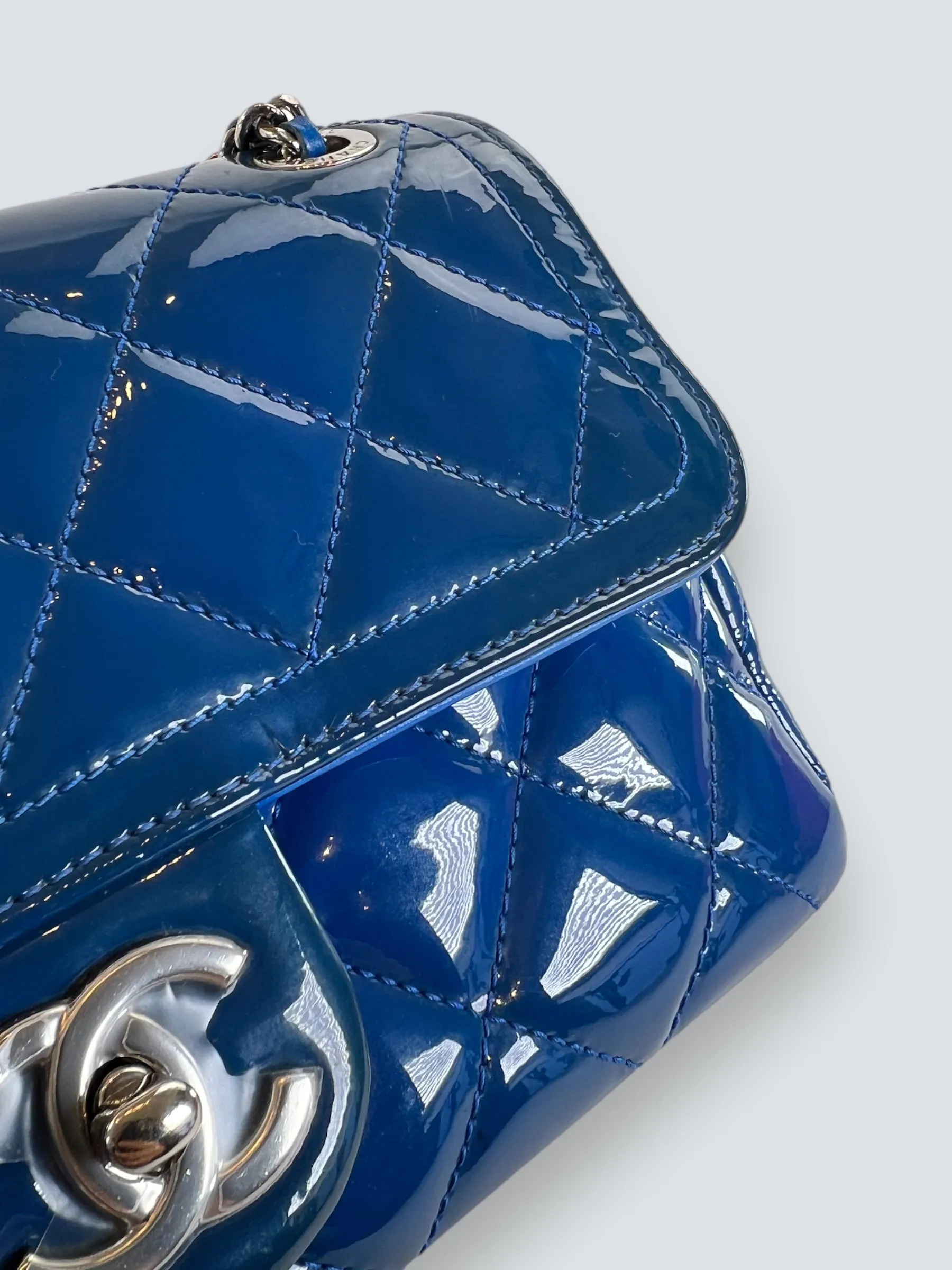 Chanel Blue Matelasse Patent Leather Mini Rectangular Single Flap