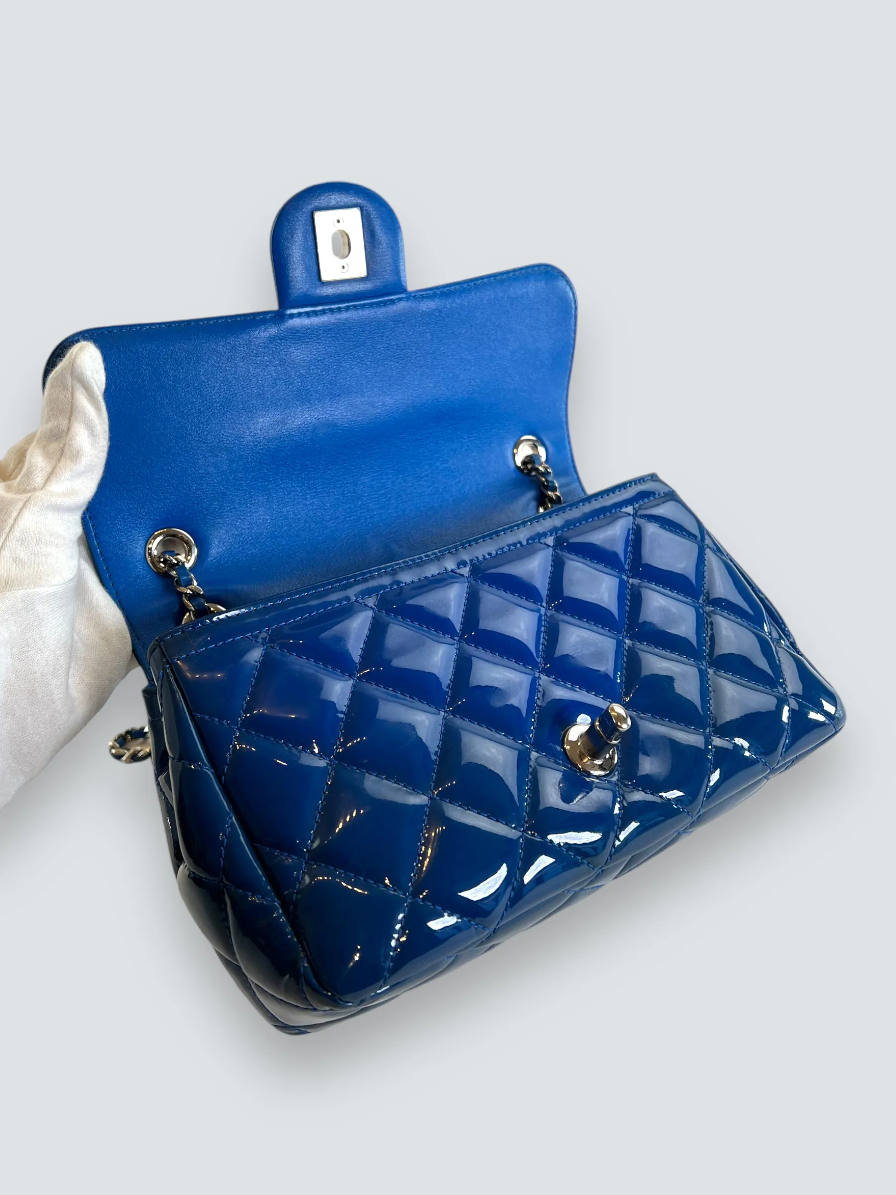 Chanel Blue Matelasse Patent Leather Mini Rectangular Single Flap