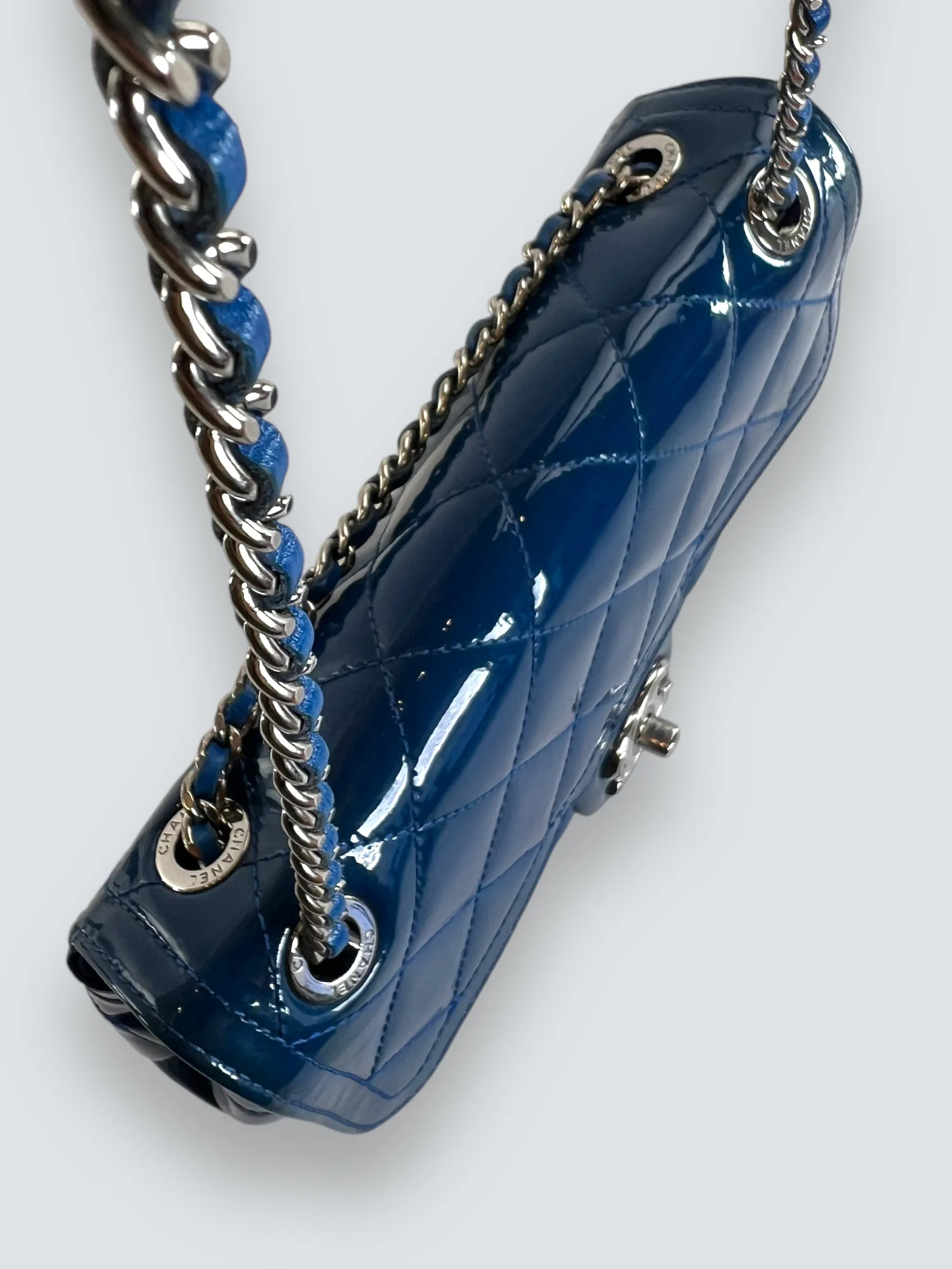 Chanel Blue Matelasse Patent Leather Mini Rectangular Single Flap