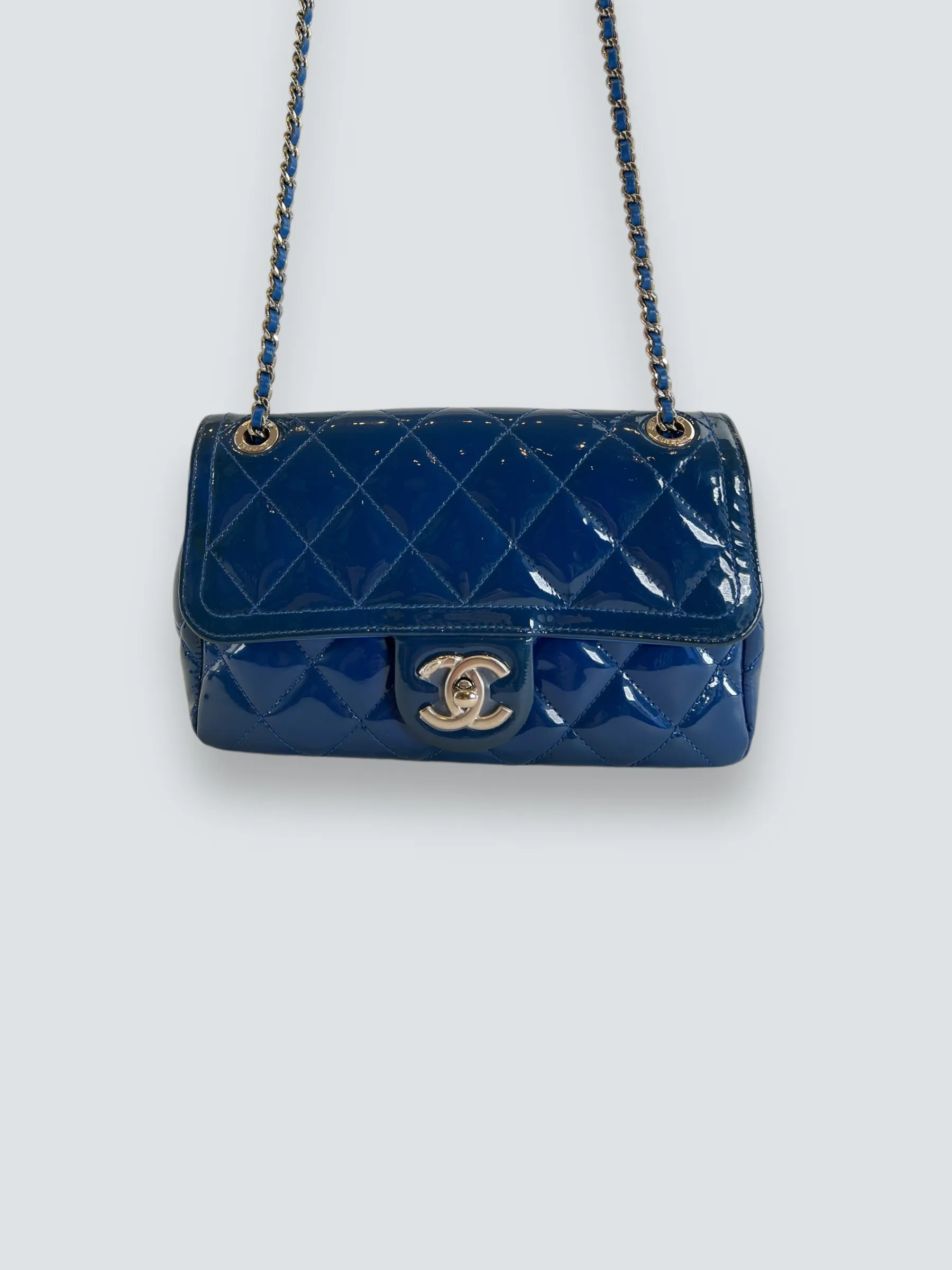 Chanel Blue Matelasse Patent Leather Mini Rectangular Single Flap