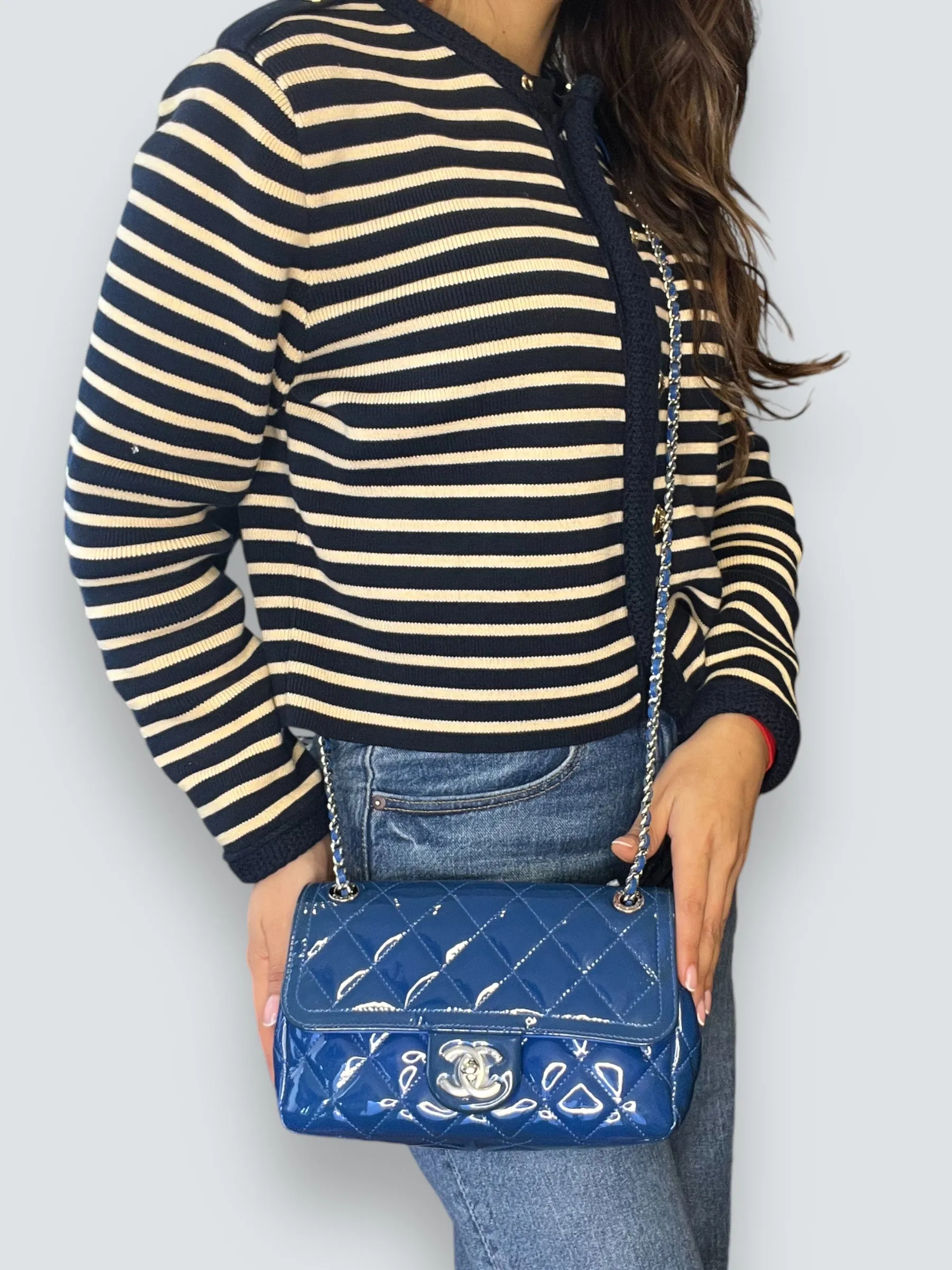 Chanel Blue Matelasse Patent Leather Mini Rectangular Single Flap