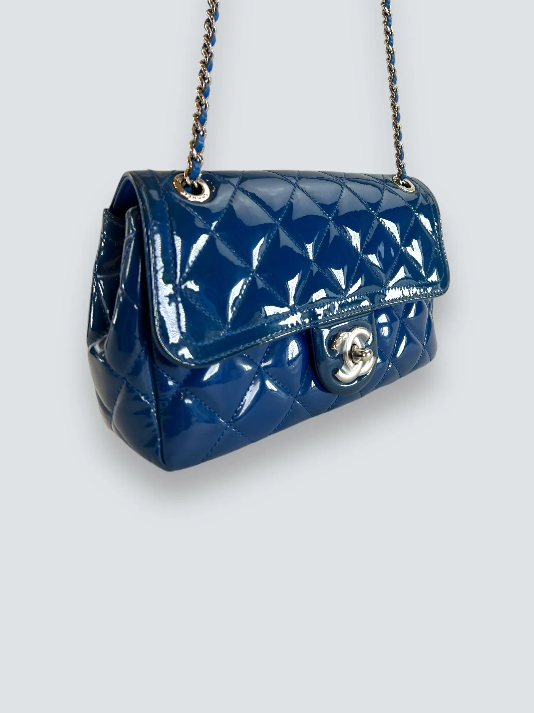 Chanel Blue Matelasse Patent Leather Mini Rectangular Single Flap