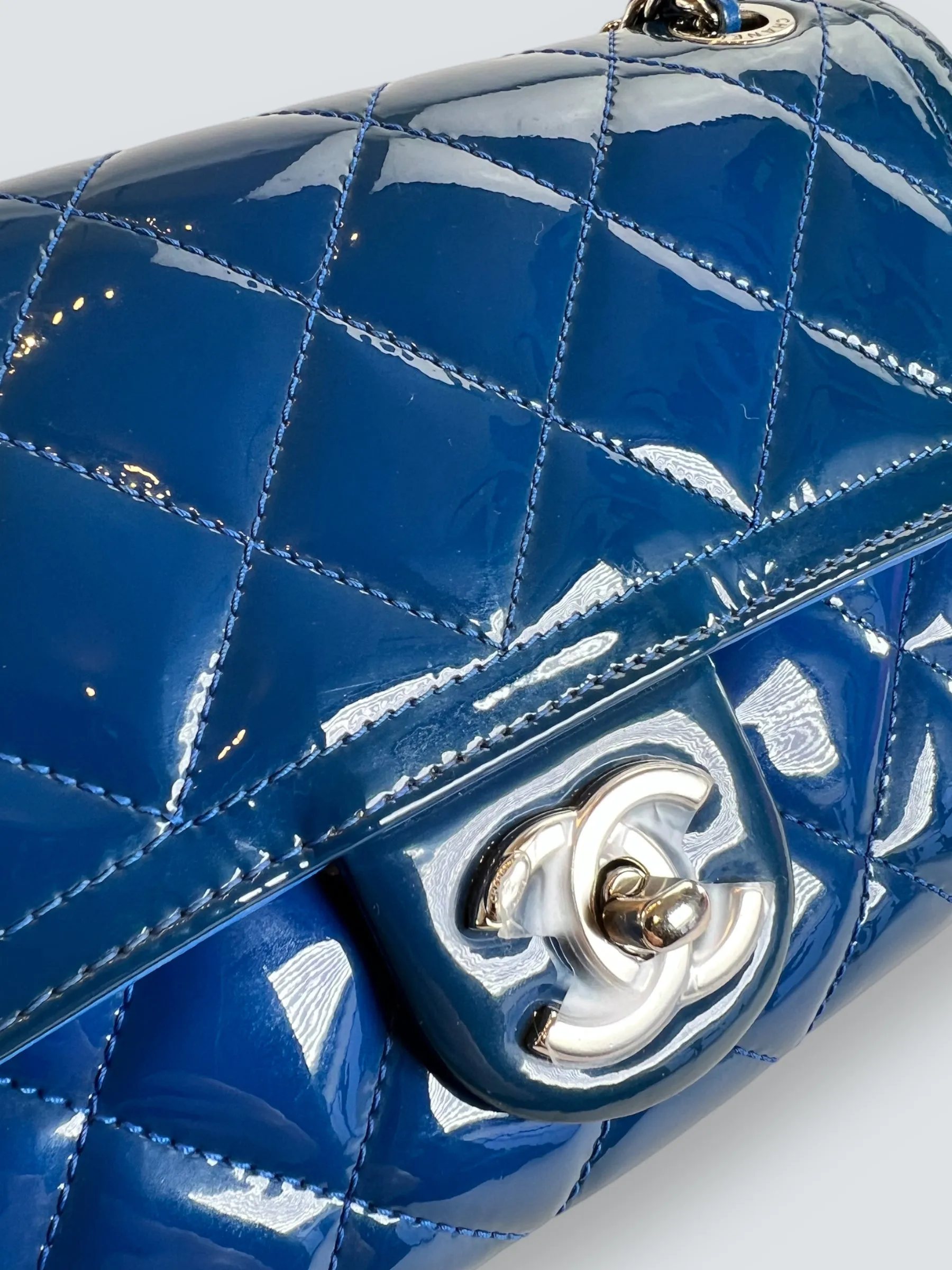 Chanel Blue Matelasse Patent Leather Mini Rectangular Single Flap