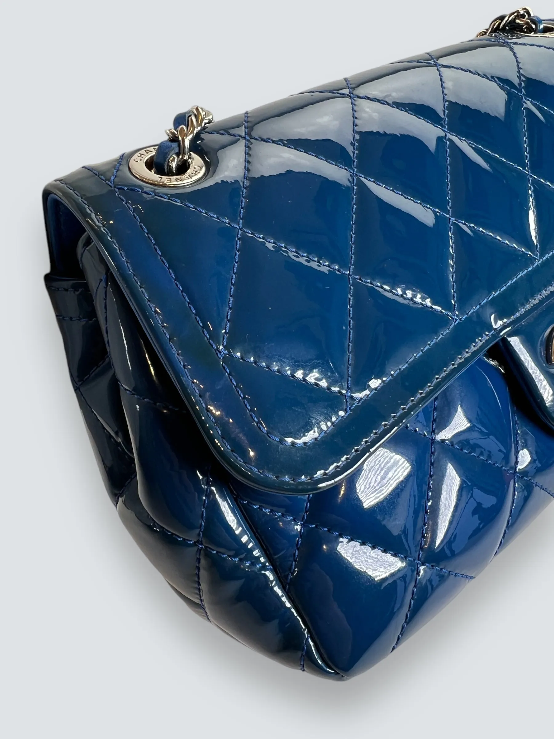 Chanel Blue Matelasse Patent Leather Mini Rectangular Single Flap