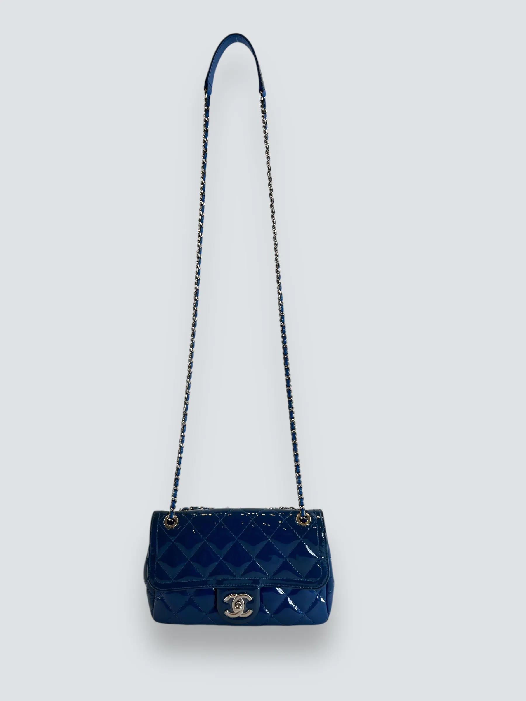 Chanel Blue Matelasse Patent Leather Mini Rectangular Single Flap
