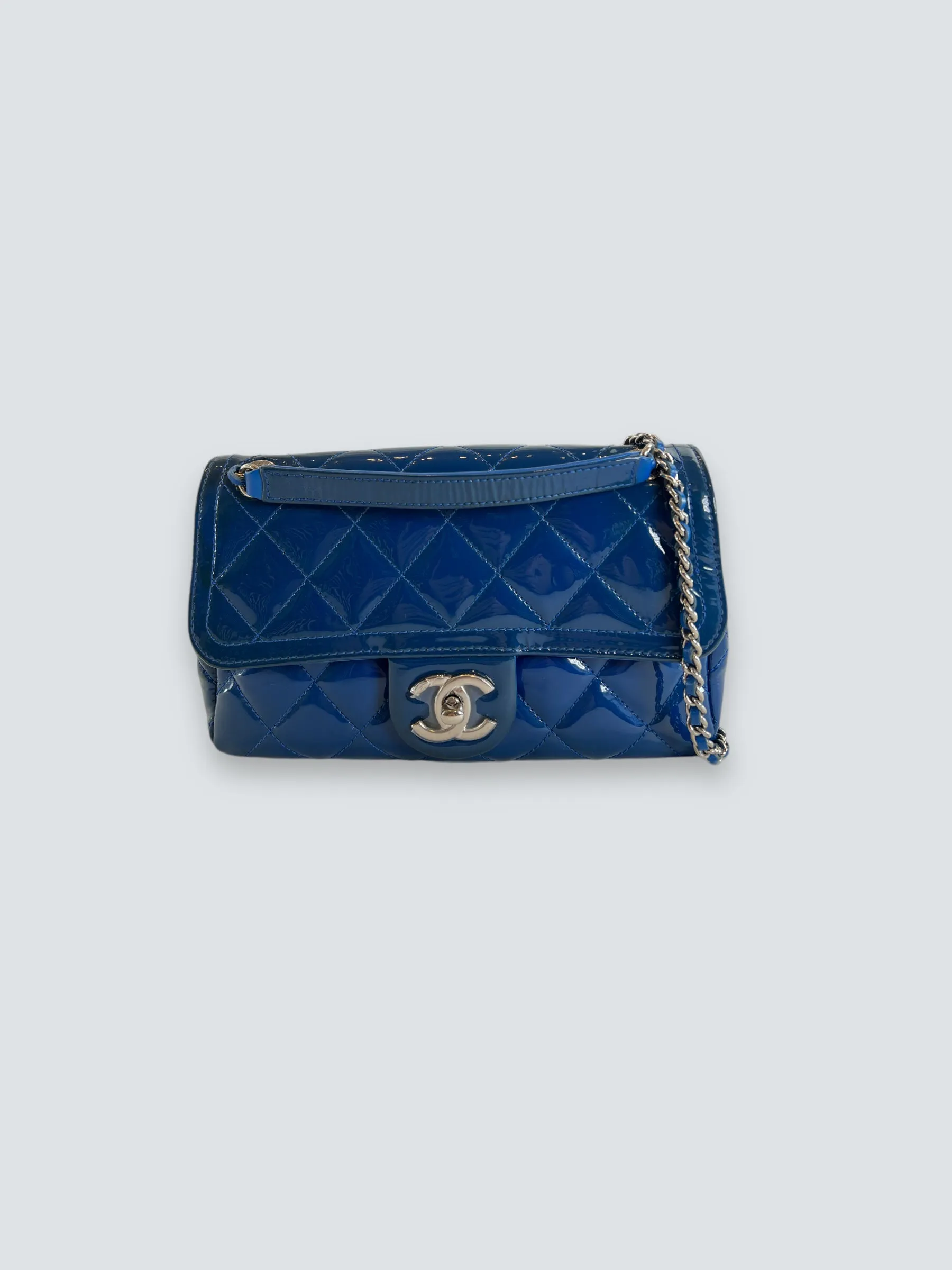 Chanel Blue Matelasse Patent Leather Mini Rectangular Single Flap