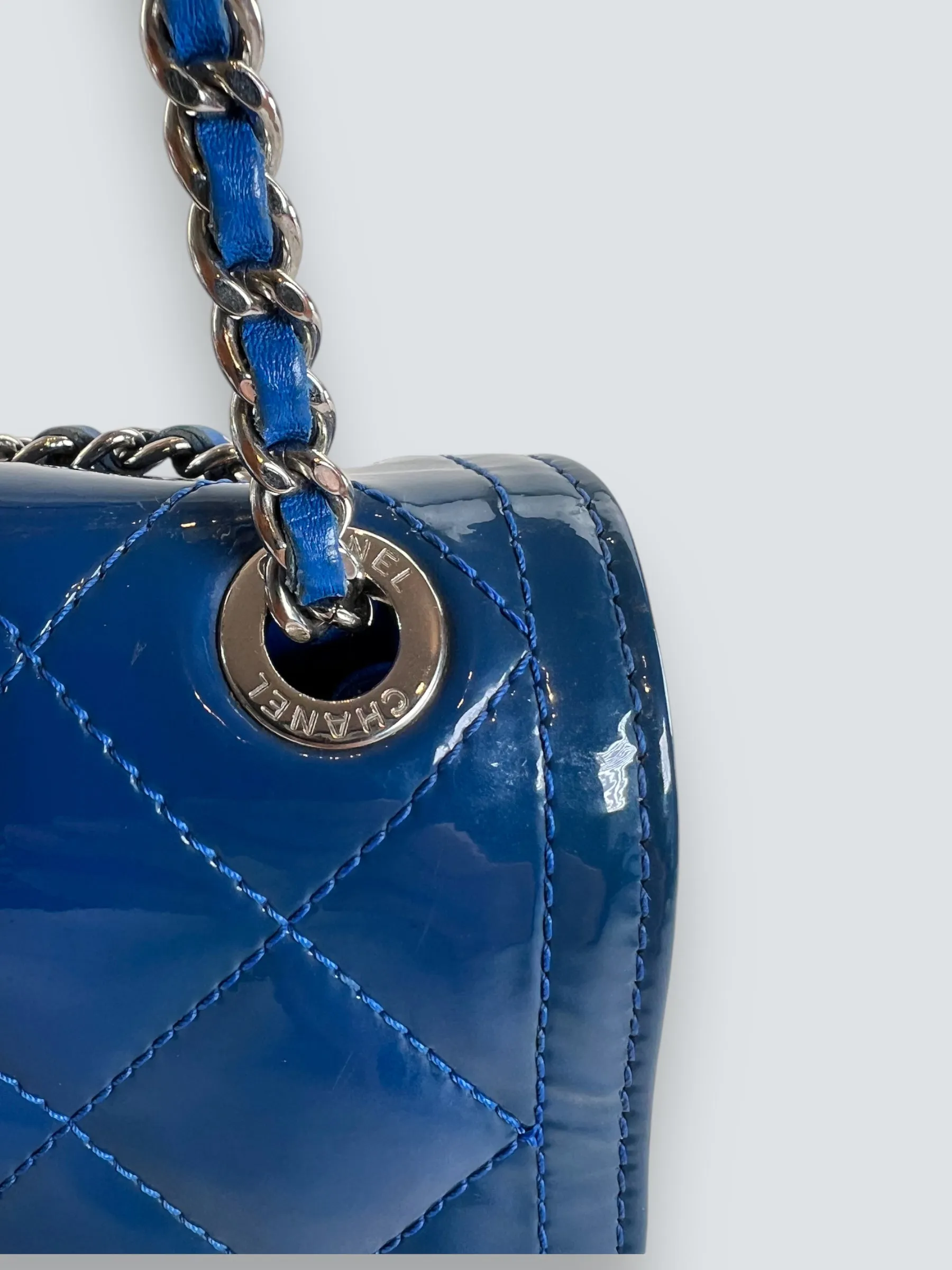 Chanel Blue Matelasse Patent Leather Mini Rectangular Single Flap