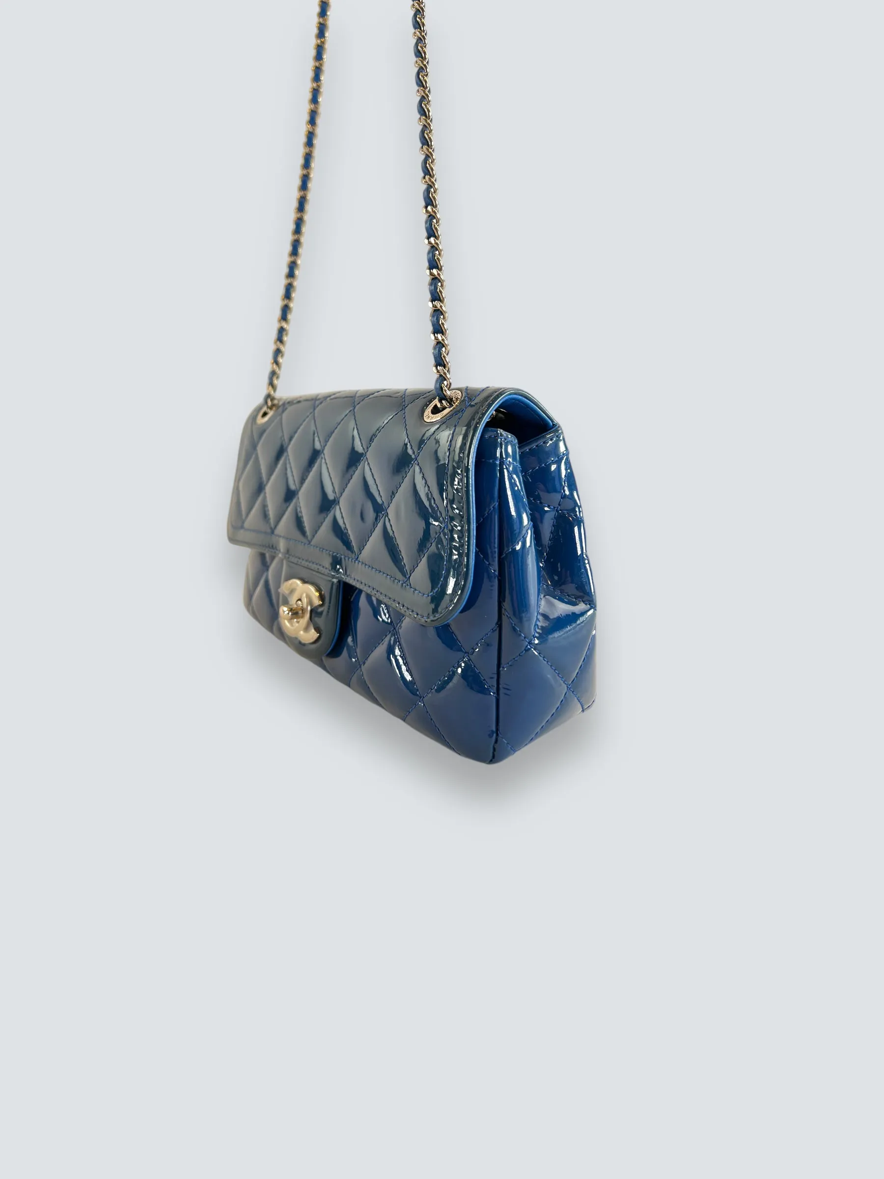 Chanel Blue Matelasse Patent Leather Mini Rectangular Single Flap