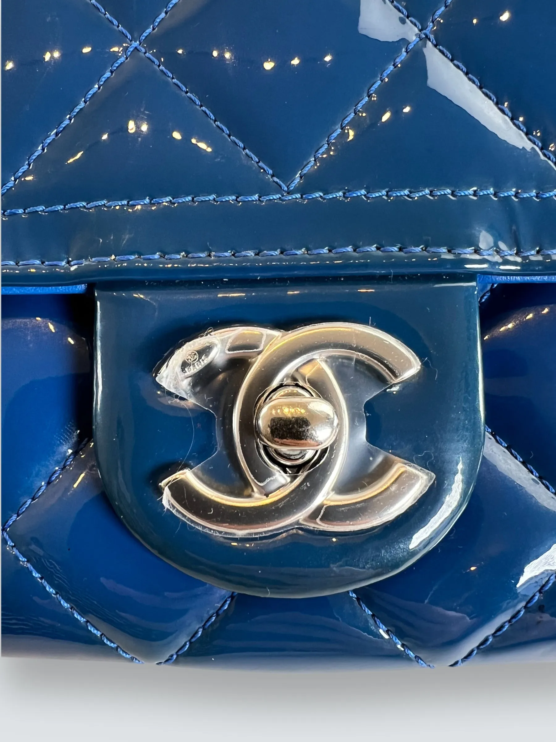 Chanel Blue Matelasse Patent Leather Mini Rectangular Single Flap