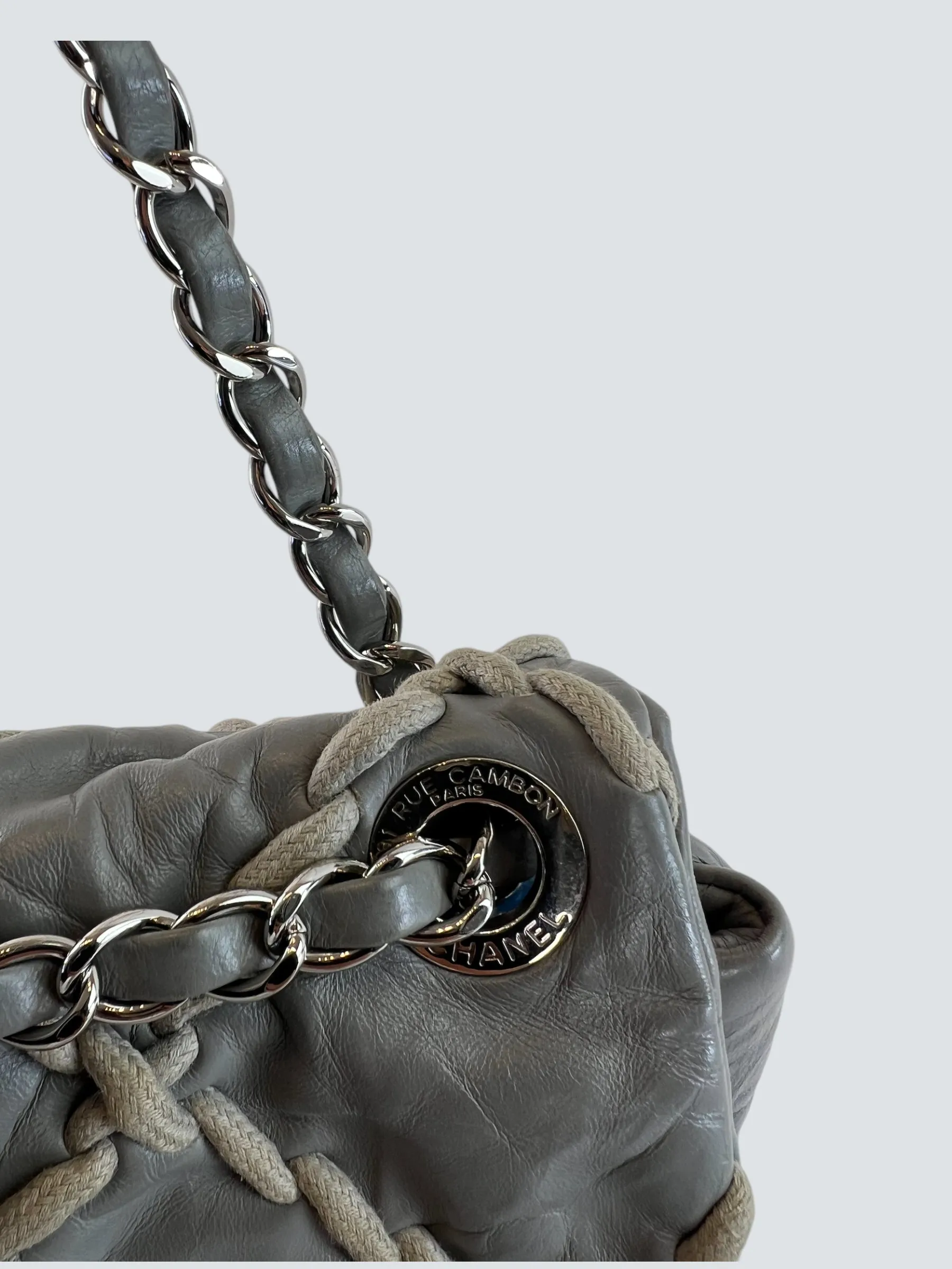 Chanel Grey Lambskin Stitched Leather Shoulder Bag