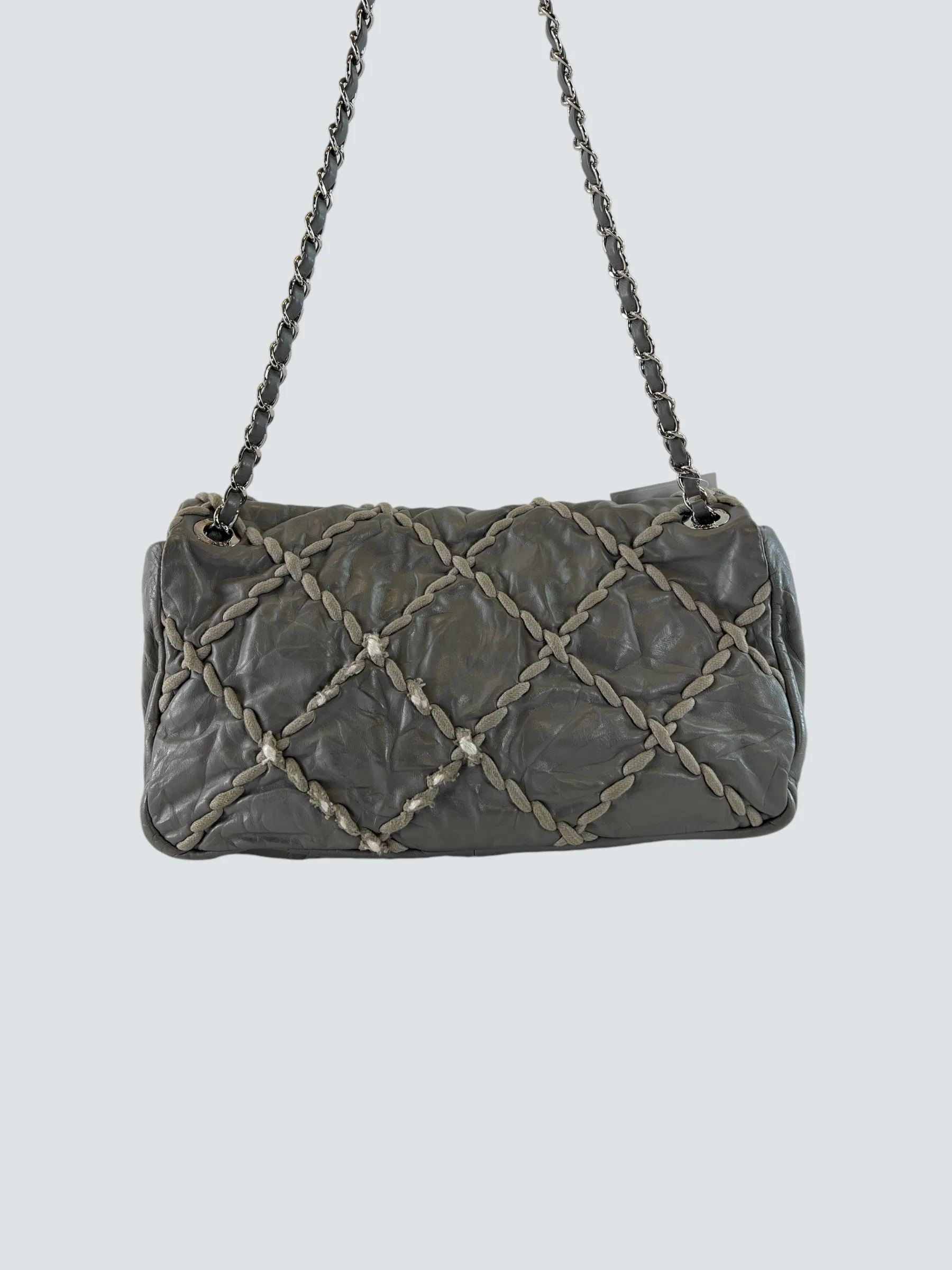Chanel Grey Lambskin Stitched Leather Shoulder Bag